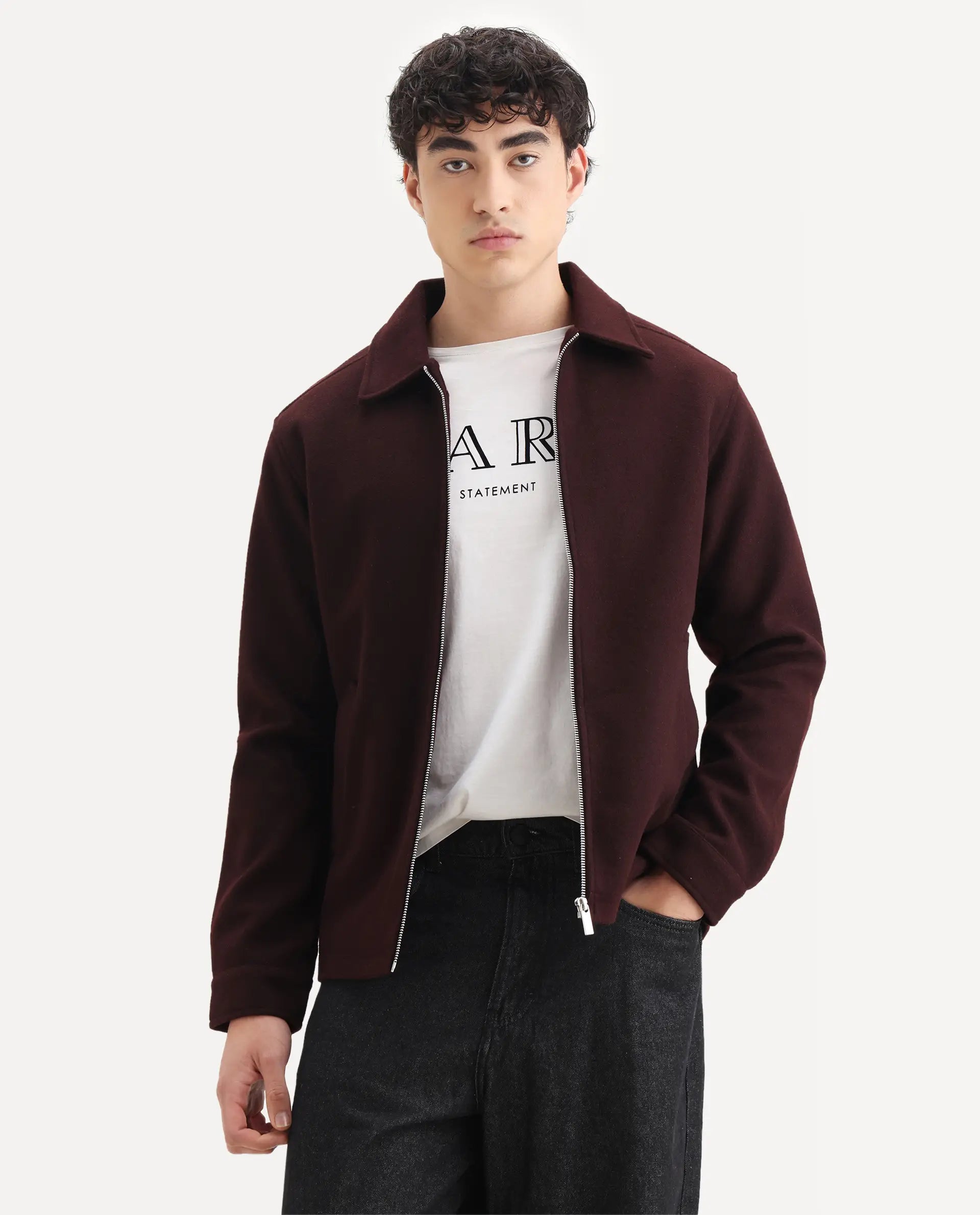 Rare Rabbit Men's Tweeder-25 Maroon Polyester Blend Fabric Collared Neck Regular Fit Plain Jacket
