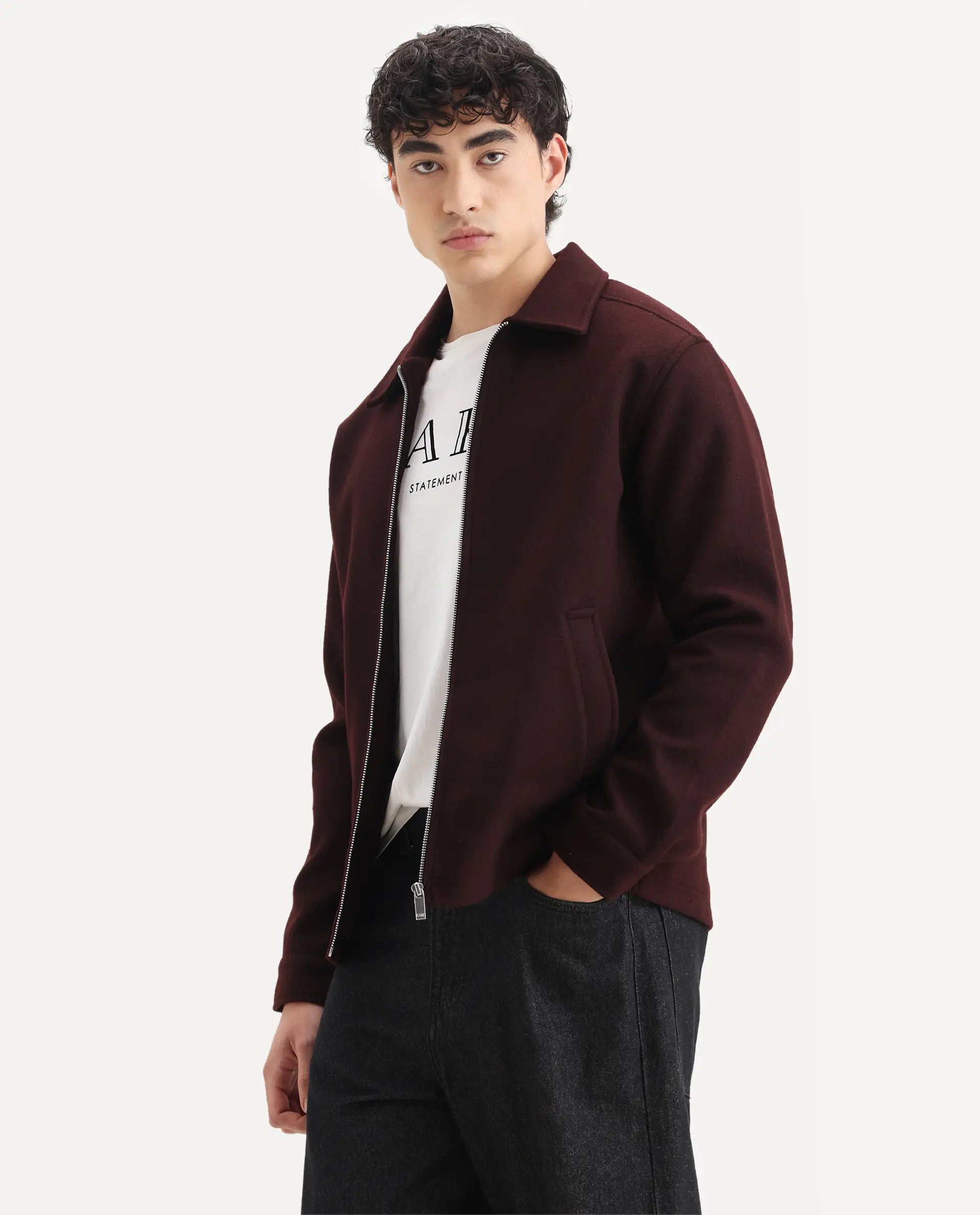 Rare Rabbit Men's Tweeder-25 Maroon Polyester Blend Fabric Collared Neck Regular Fit Plain Jacket