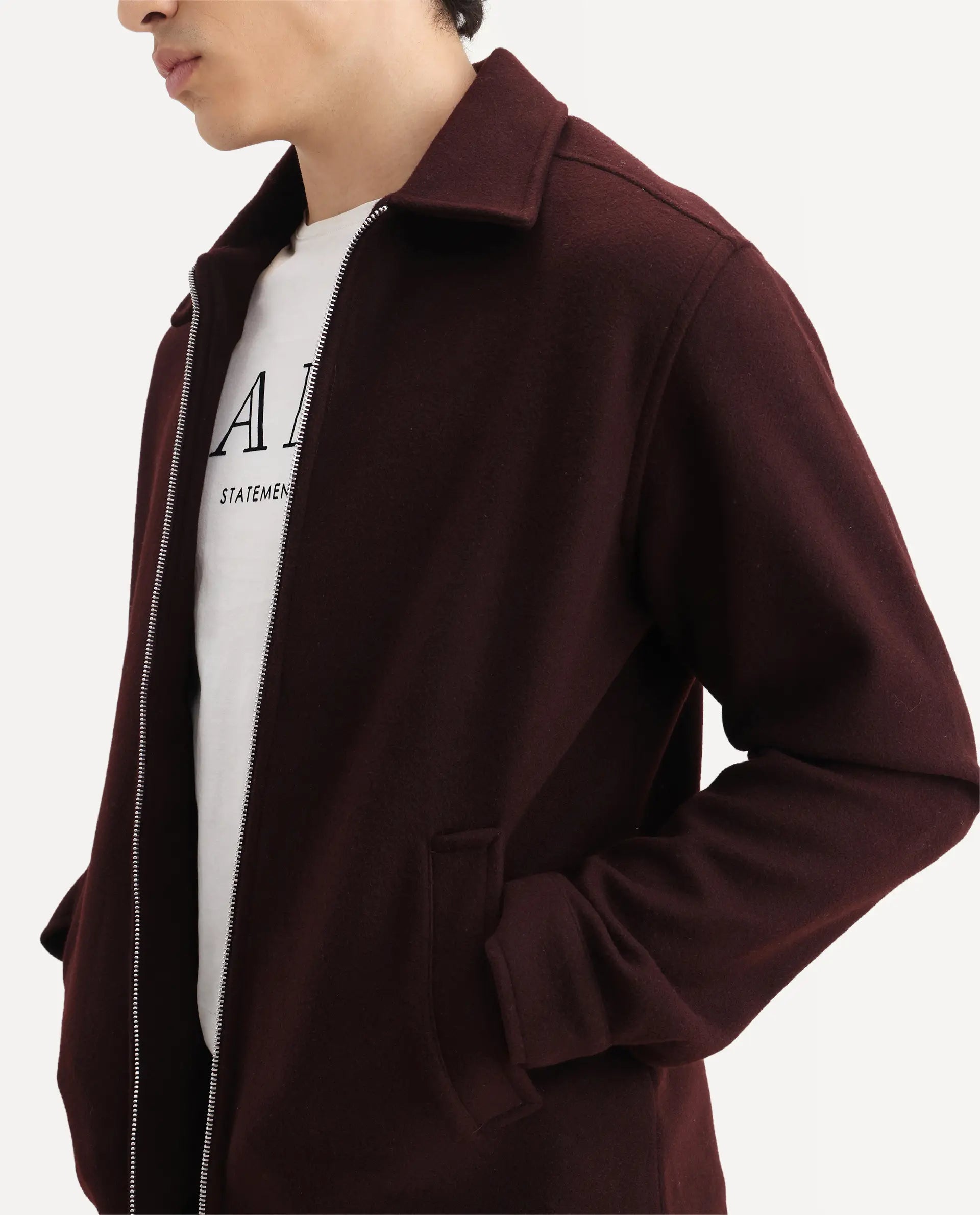 Rare Rabbit Men's Tweeder-25 Maroon Polyester Blend Fabric Collared Neck Regular Fit Plain Jacket
