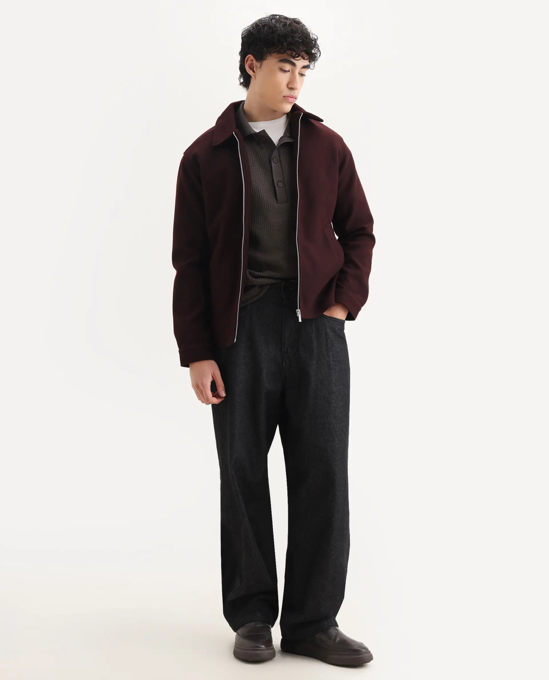 Rare Rabbit Men's Tweeder-25 Maroon Polyester Blend Fabric Collared Neck Regular Fit Plain Jacket