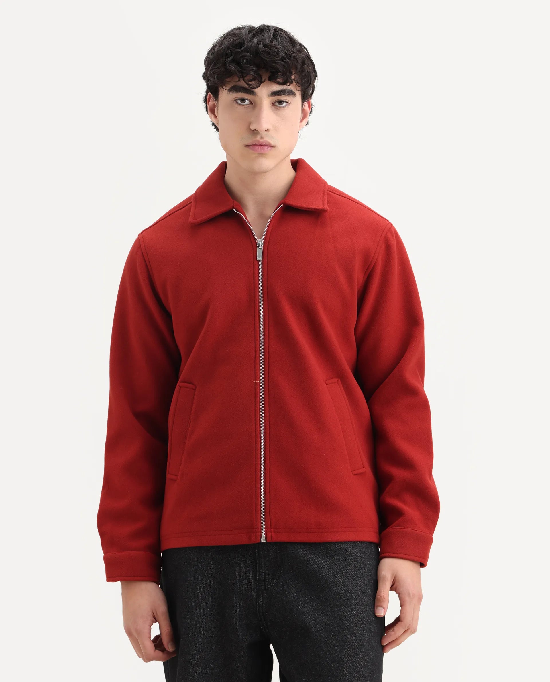 Rare Rabbit Men's Tweeder-25 Rust Polyester Blend Fabric Collared Neck Regular Fit Plain Jacket