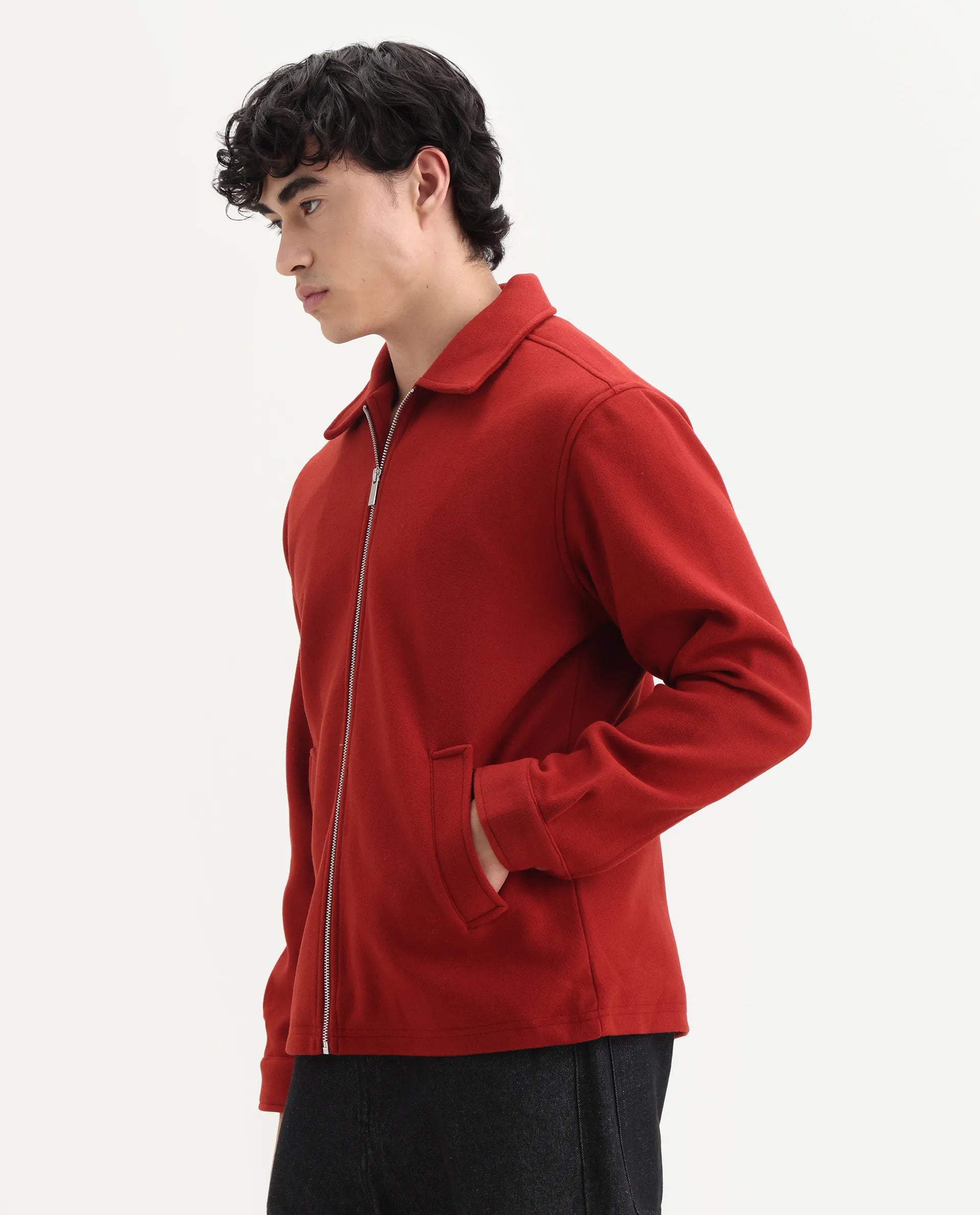 Rare Rabbit Men's Tweeder-25 Rust Polyester Blend Fabric Collared Neck Regular Fit Plain Jacket