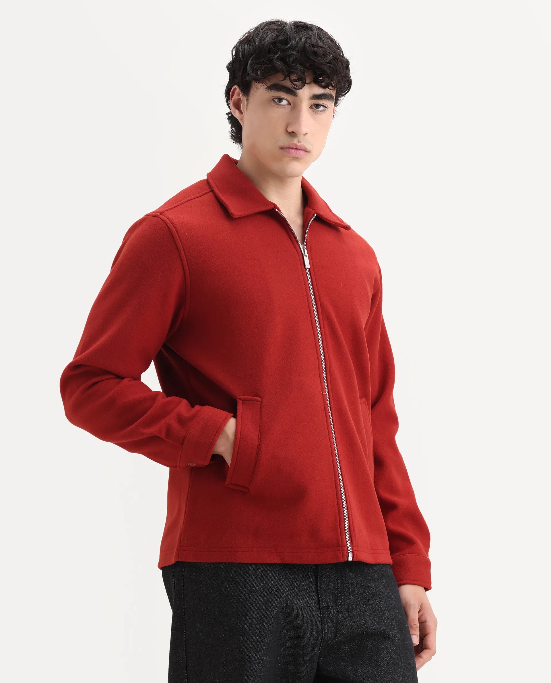 Rare Rabbit Men's Tweeder-25 Rust Polyester Blend Fabric Collared Neck Regular Fit Plain Jacket