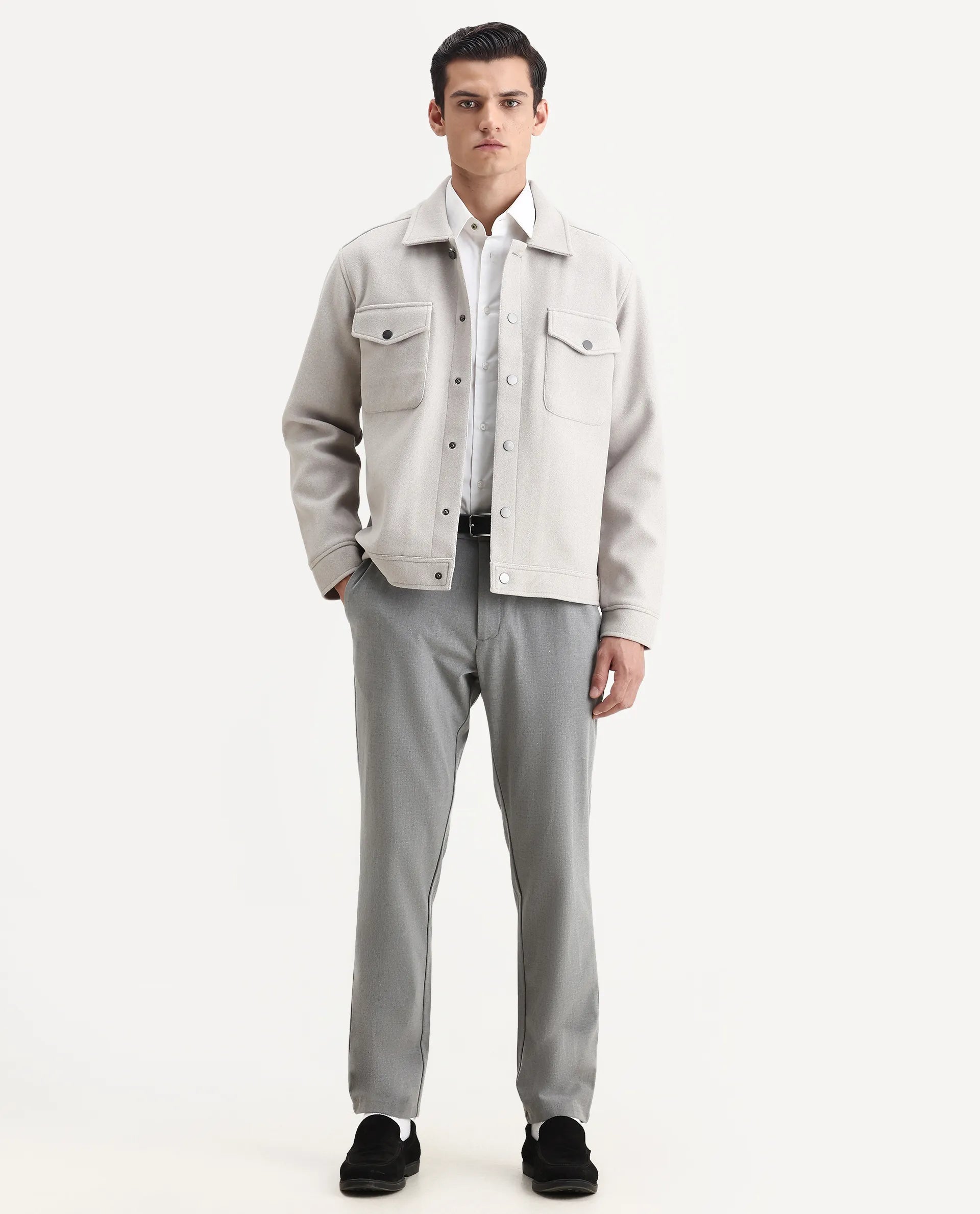 Rare Rabbit Men's Tweedo-25 Light Grey Olyester Textured Relaxed Fit Full Sleeve Spread Collar Jacket