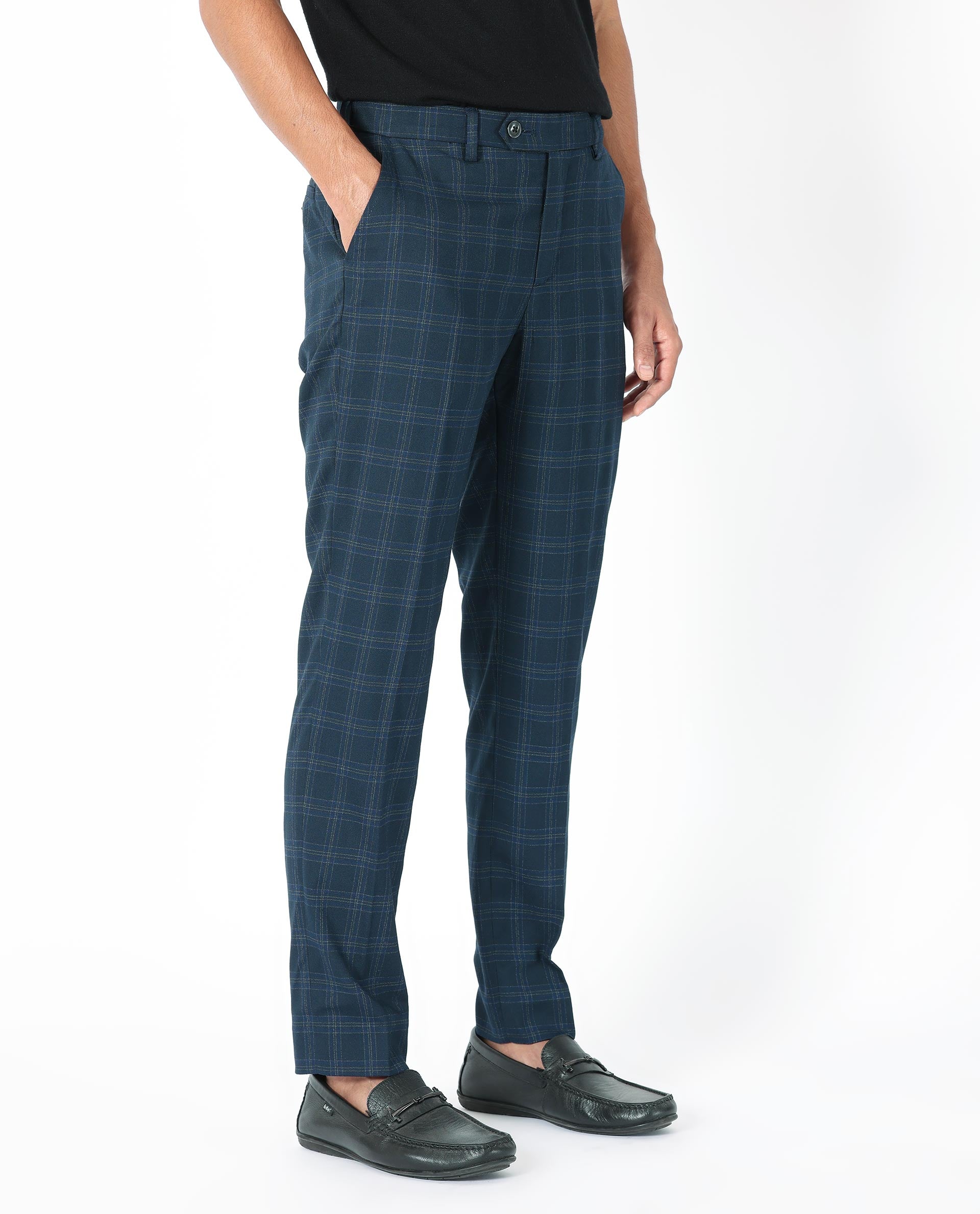 Buy Men Navy Check Slim Fit Formal Trousers Online - 683499 | Peter England