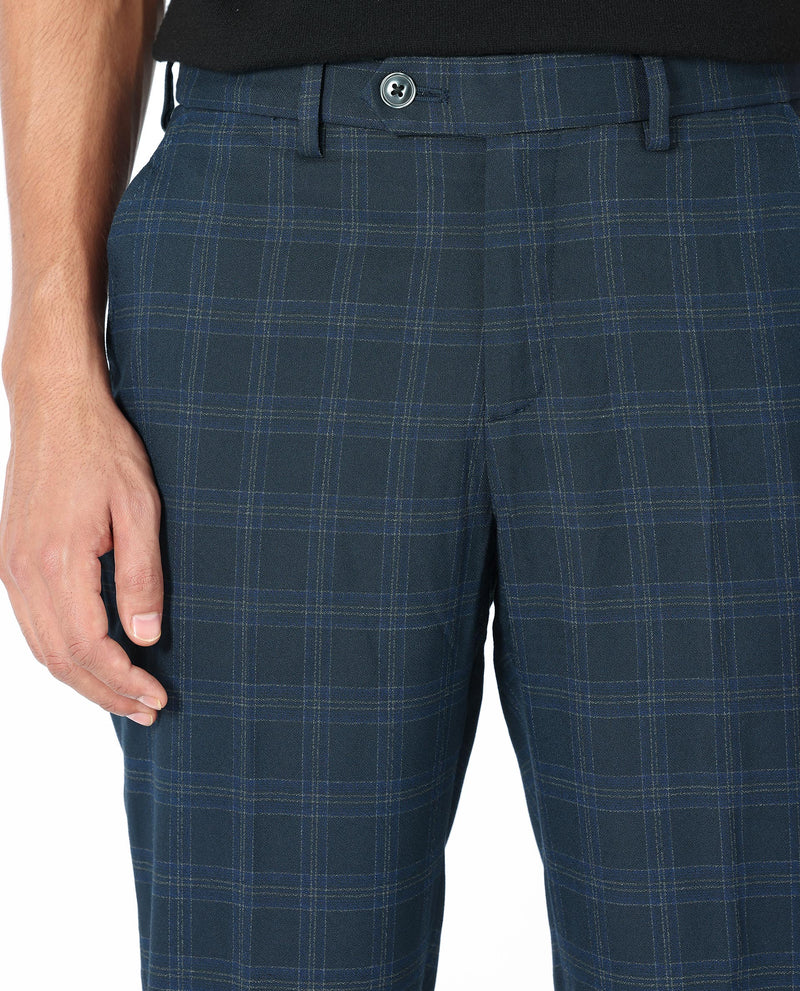 Rare Rabbit Men's Twig Navy Solid Mid-Rise Regular Fit Checks Trouser