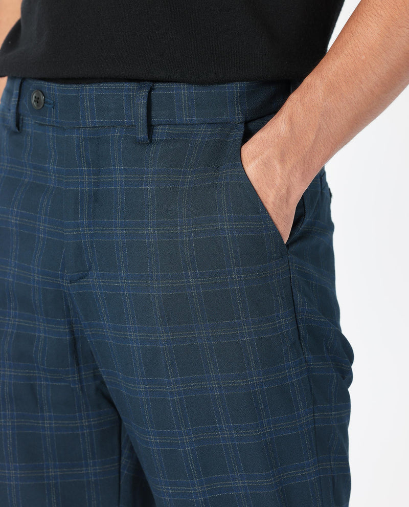 Rare Rabbit Men's Twig Navy Solid Mid-Rise Regular Fit Checks Trouser