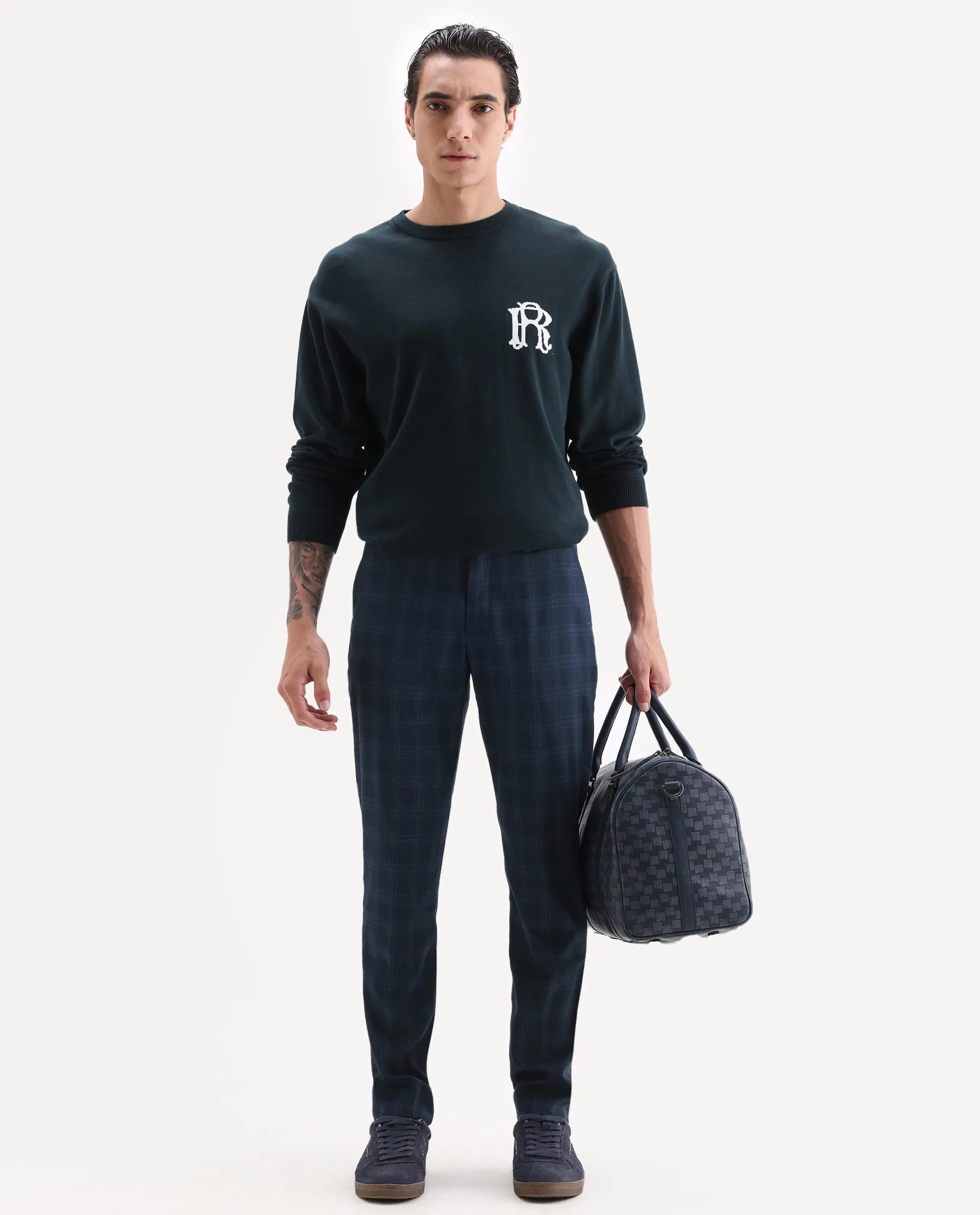 Rare Rabbit Men's Twig Navy Polyester Checked Print Regular Fit Trouser