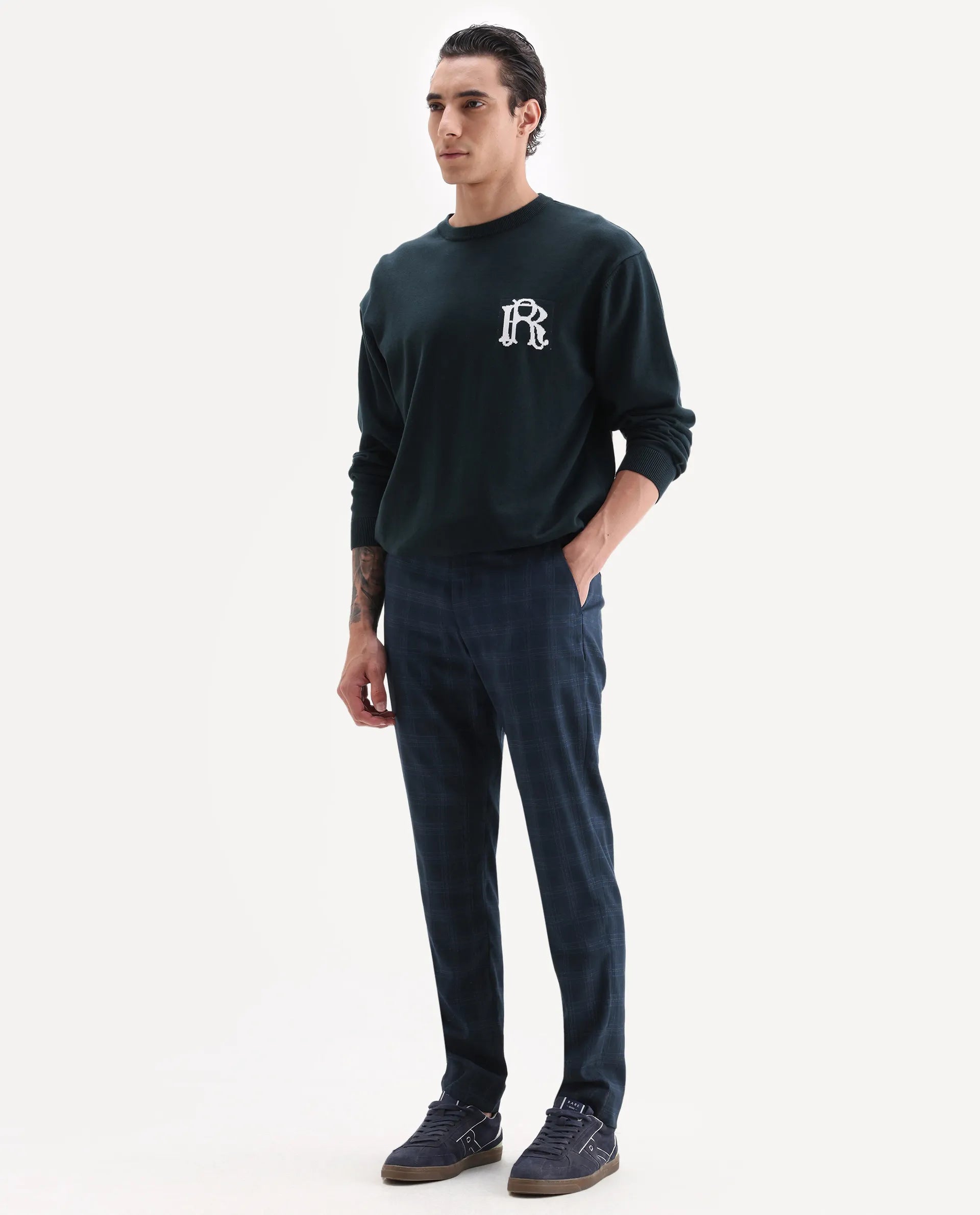 Rare Rabbit Men's Twig Navy Polyester Checked Print Regular Fit Trouser