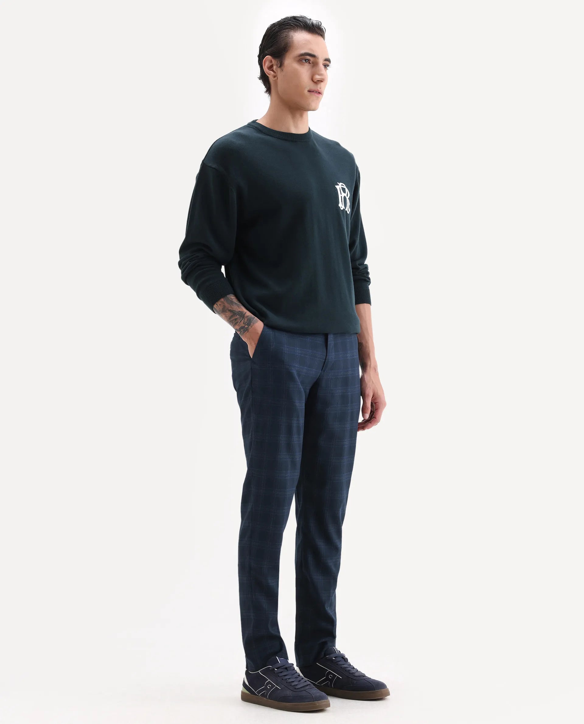 Rare Rabbit Men's Twig Navy Polyester Checked Print Regular Fit Trouser