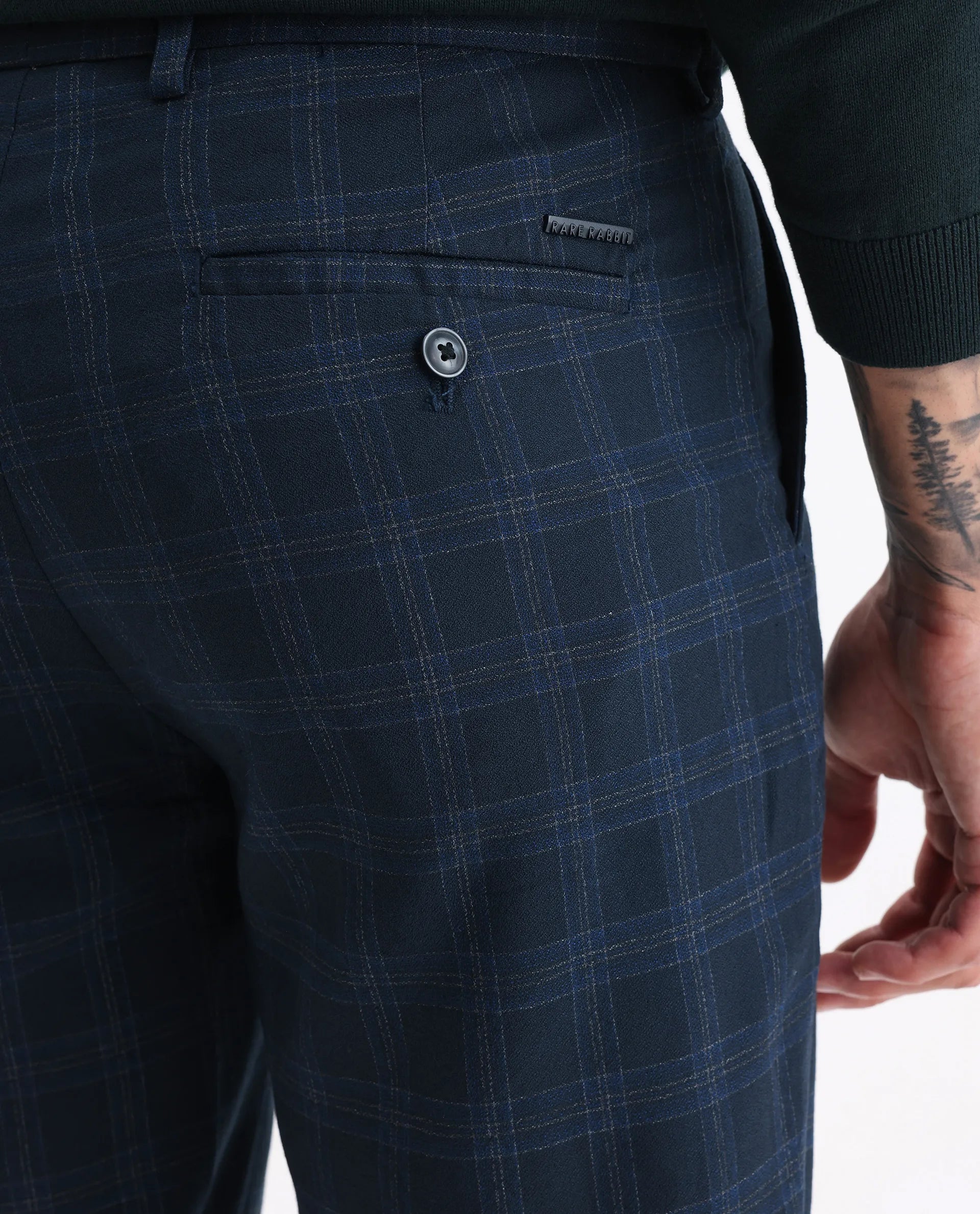 Rare Rabbit Men's Twig Navy Polyester Checked Print Regular Fit Trouser