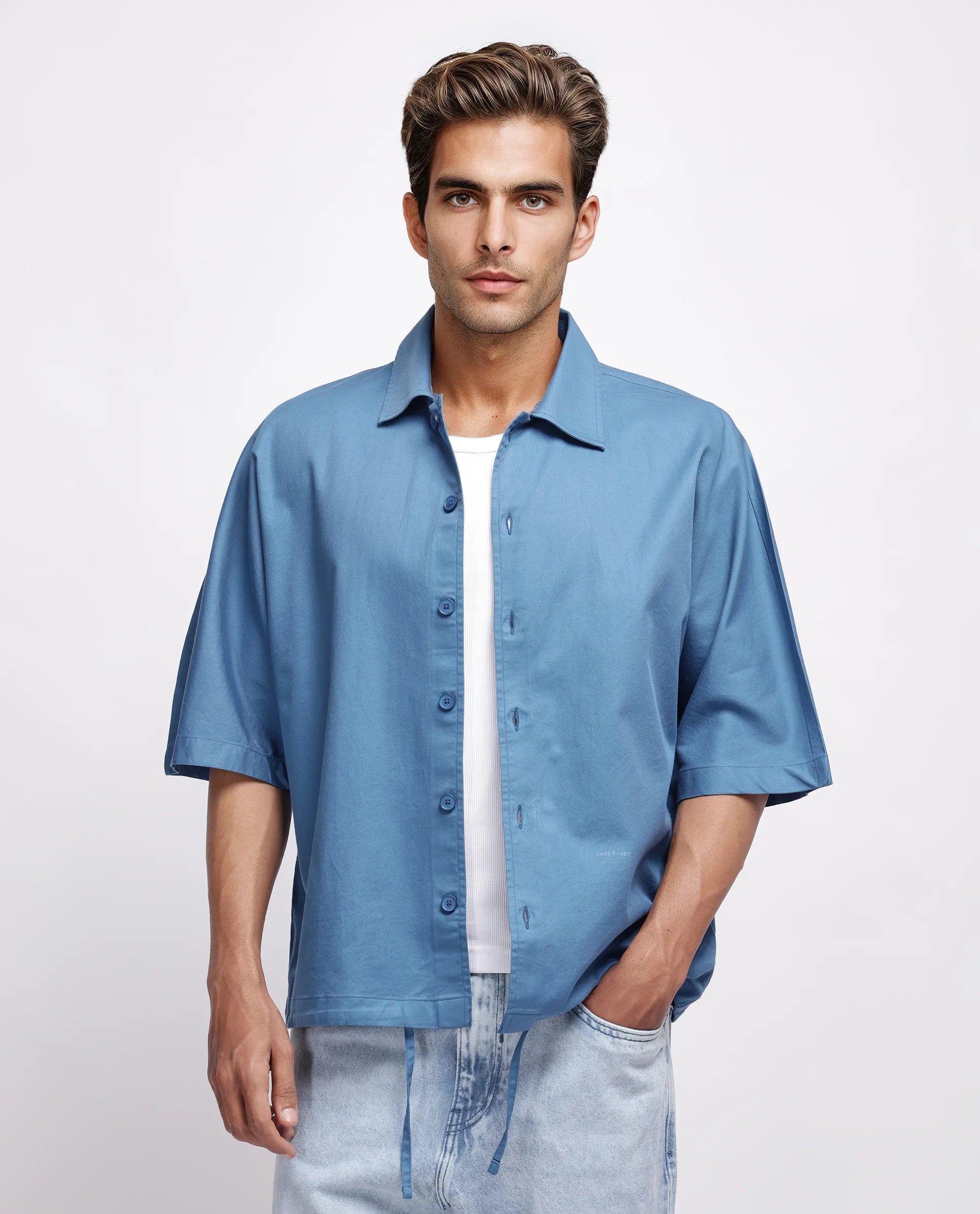 Rare Rabbit Men's Twillt Blue Cotton Plain Oversized Fit Full Sleeve Collared Shirt