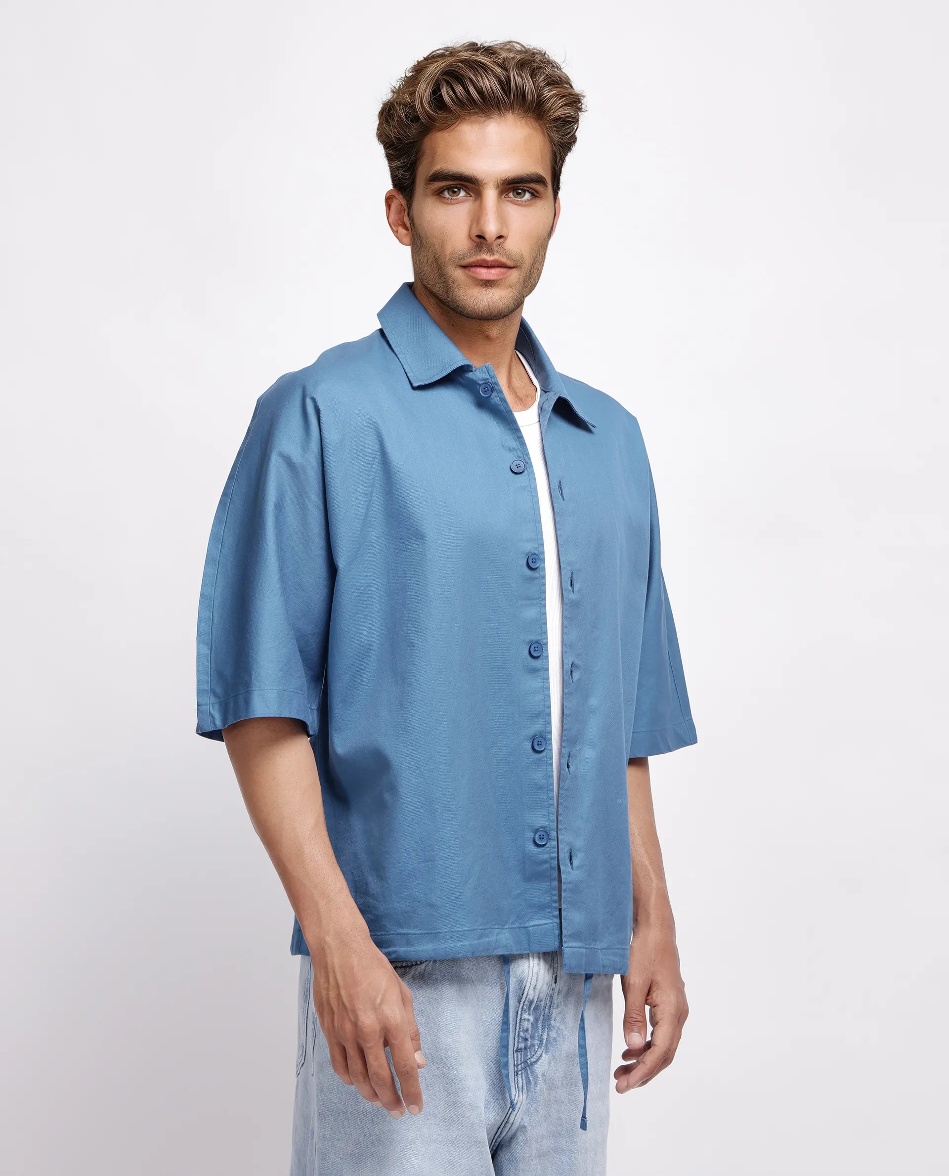 Rare Rabbit Men's Twillt Blue Cotton Plain Oversized Fit Full Sleeve Collared Shirt