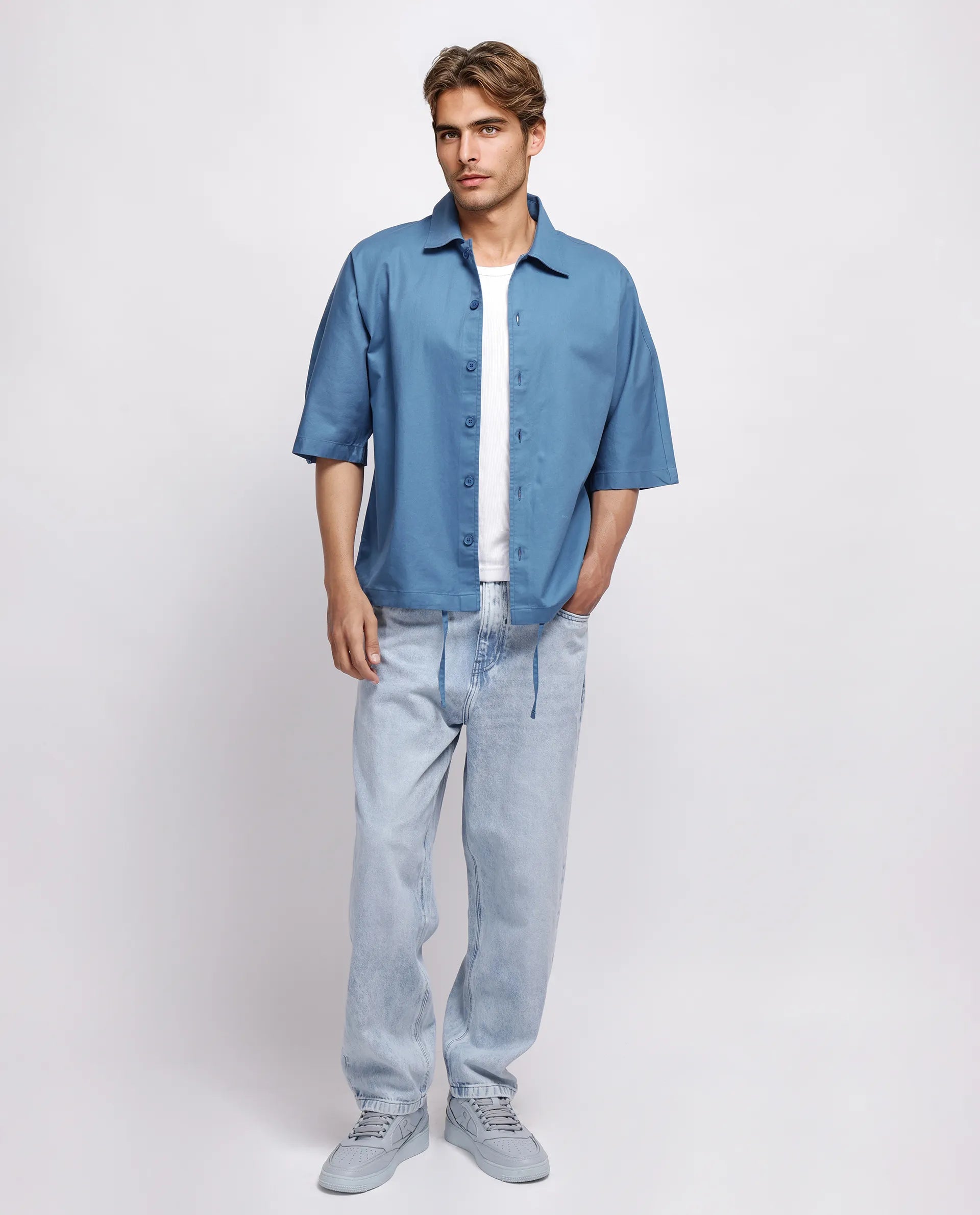 Rare Rabbit Men's Twillt Blue Cotton Plain Oversized Fit Full Sleeve Collared Shirt