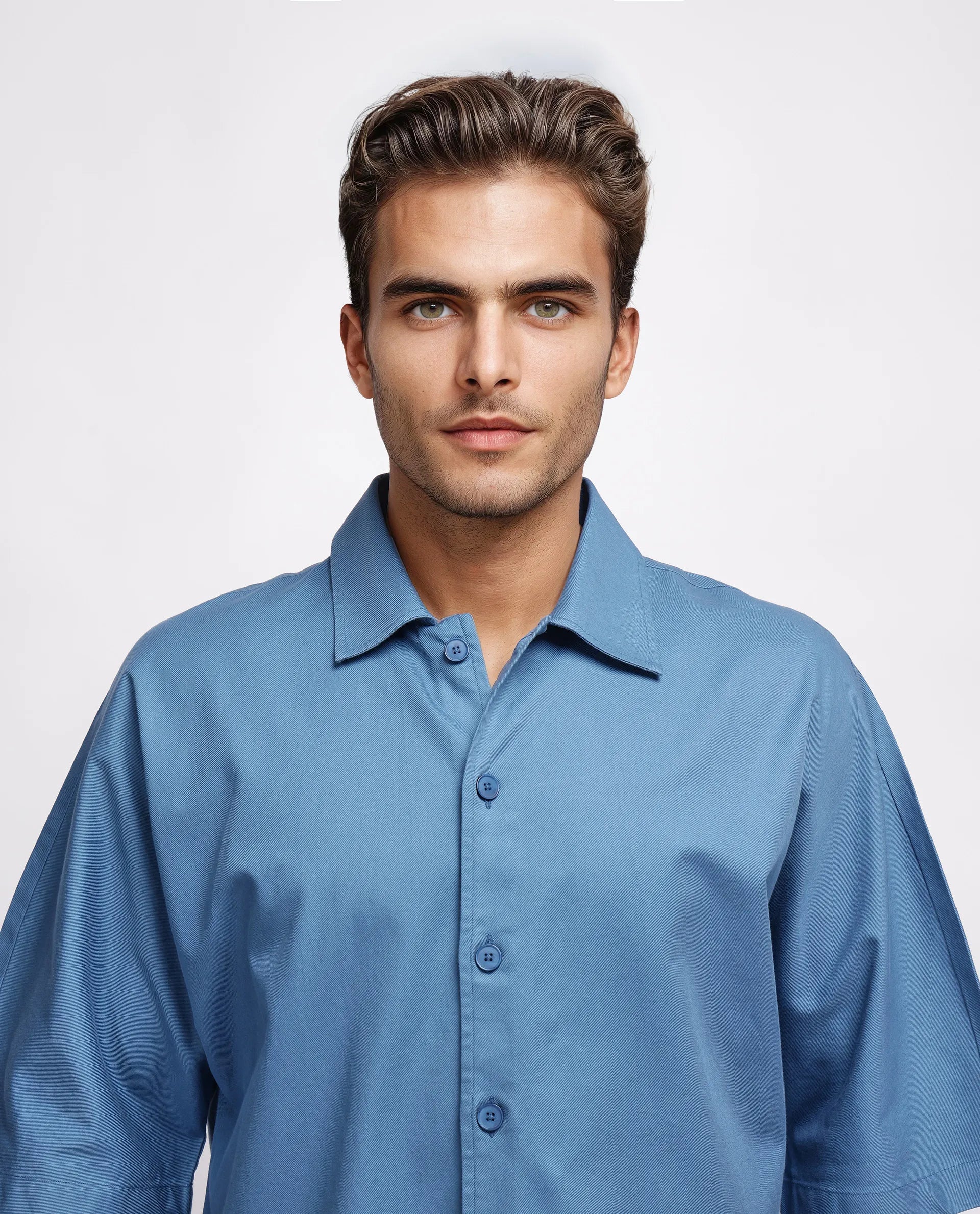 Rare Rabbit Men's Twillt Blue Cotton Plain Oversized Fit Full Sleeve Collared Shirt