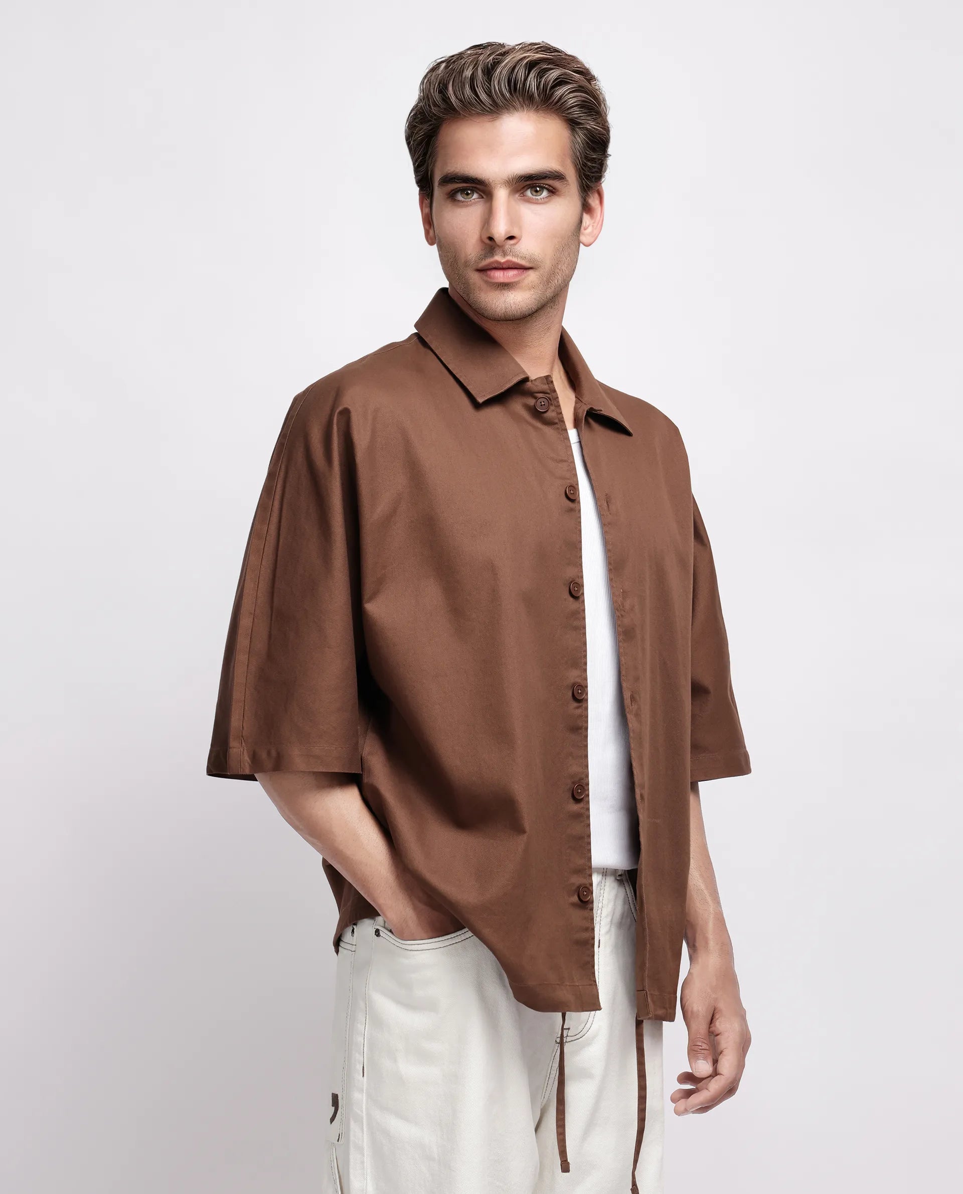 Rare Rabbit Men's Twillt Brown Cotton Plain Oversized Fit Full Sleeve Collared Shirt