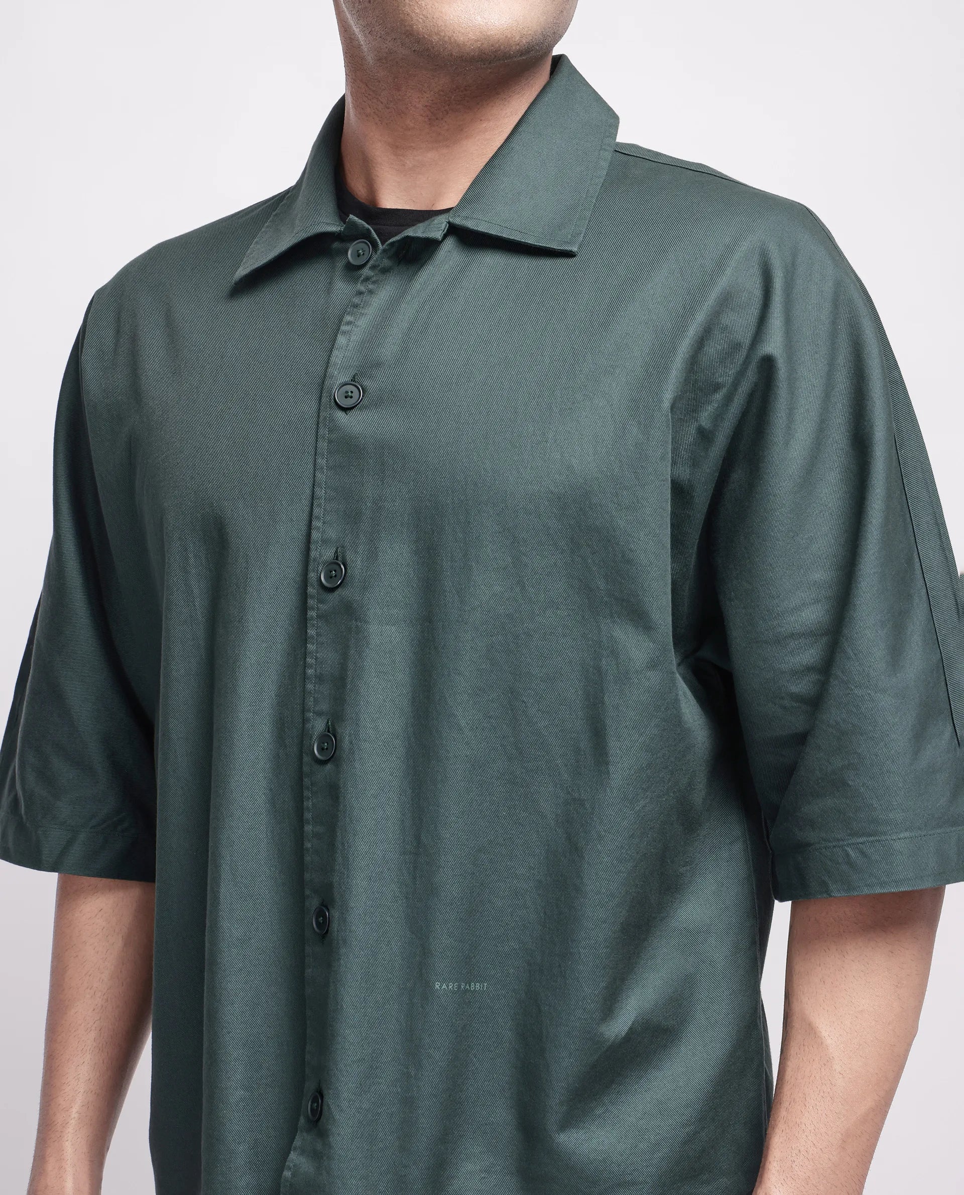 Rare Rabbit Men's Twillt Dark Green Cotton Plain Oversized Fit Full Sleeve Collared Shirt