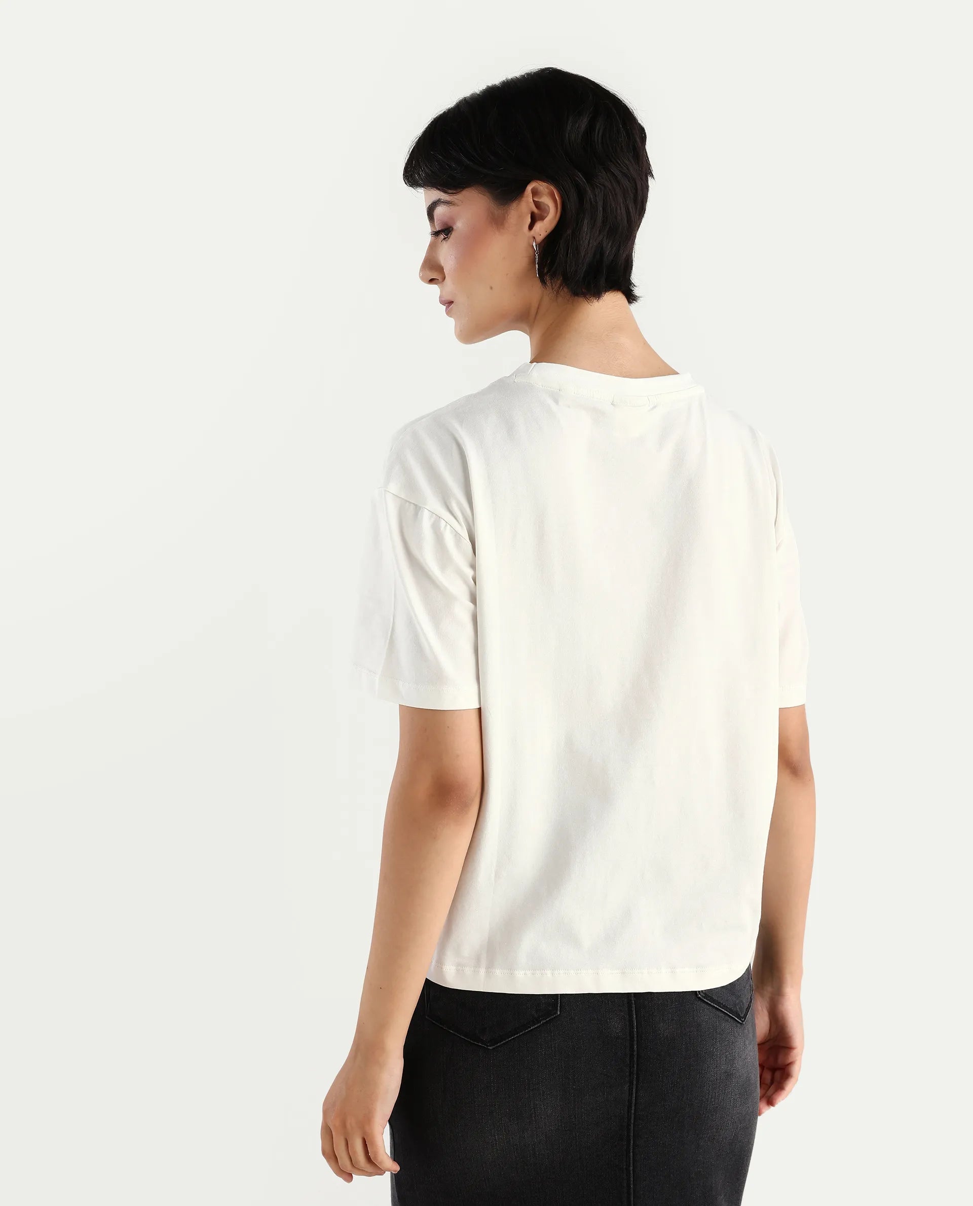 Rareism Women's Twixt Off White Cotton Blend Crew Neck Graphic Print Relaxed Fit T-Shirt