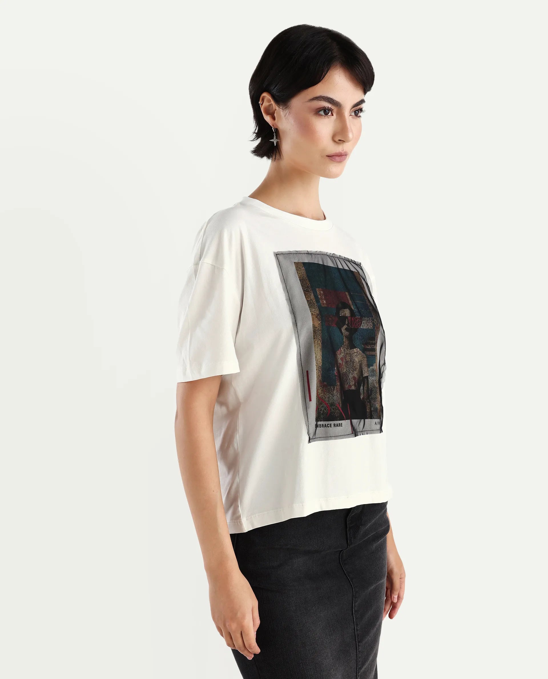Rareism Women's Twixt Off White Cotton Blend Crew Neck Graphic Print Relaxed Fit T-Shirt