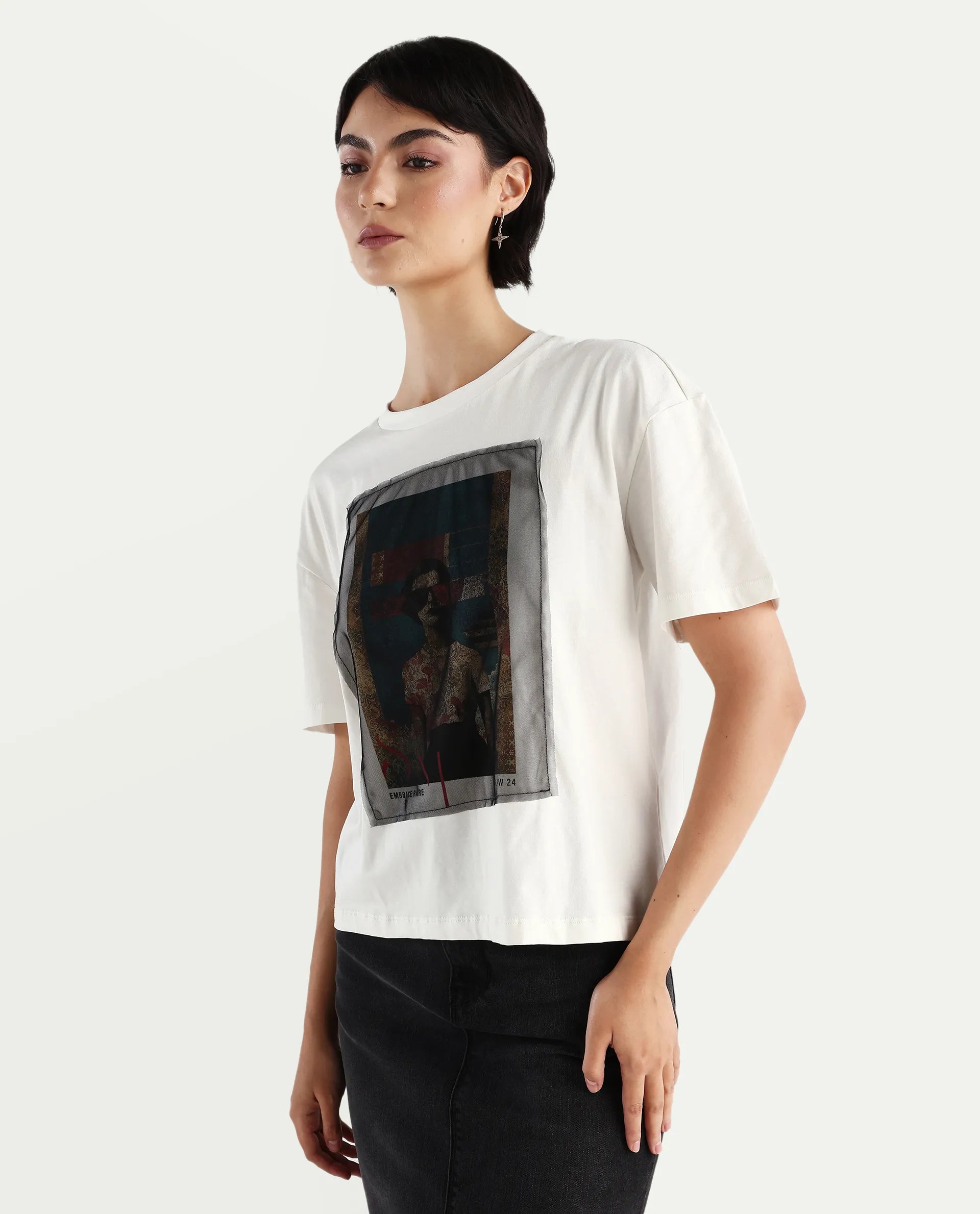 Rareism Women's Twixt Off White Cotton Blend Crew Neck Graphic Print Relaxed Fit T-Shirt