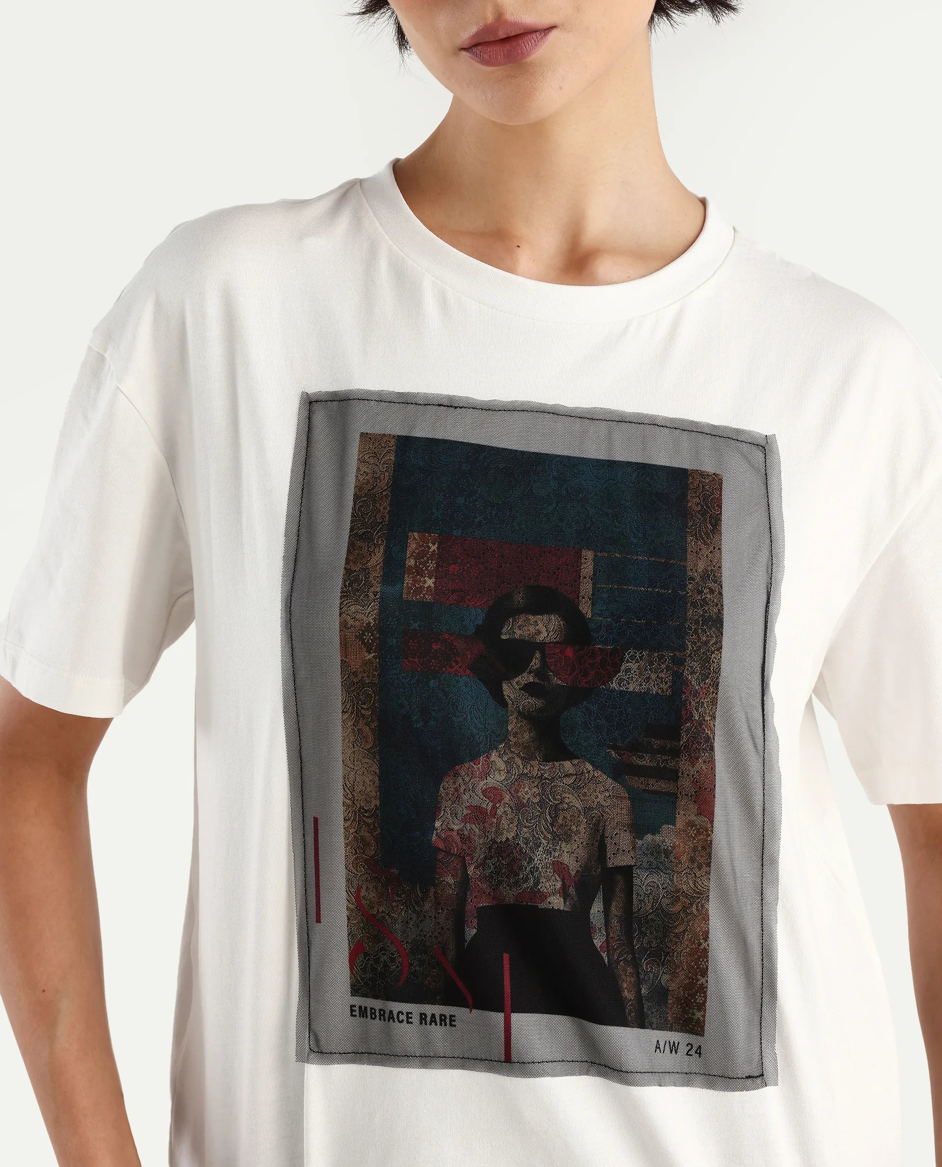 Rareism Women's Twixt Off White Cotton Blend Crew Neck Graphic Print Relaxed Fit T-Shirt