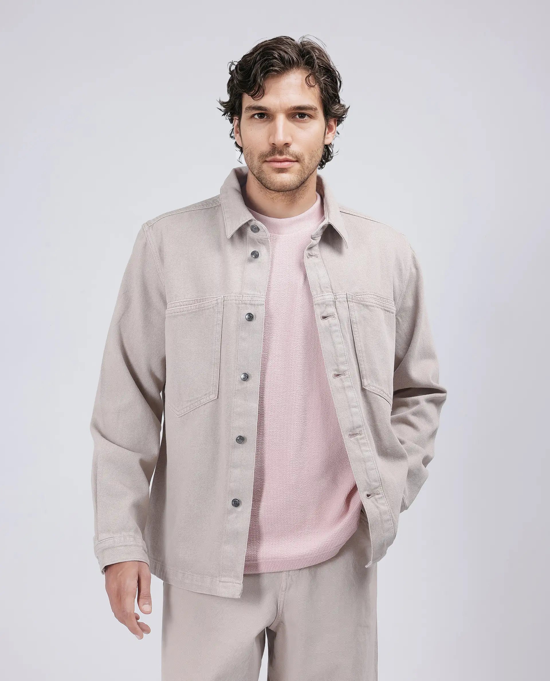 Rare Rabbit Men Tycho Beige Cotton Fabric Collared Neck Oversized Denim Jacket