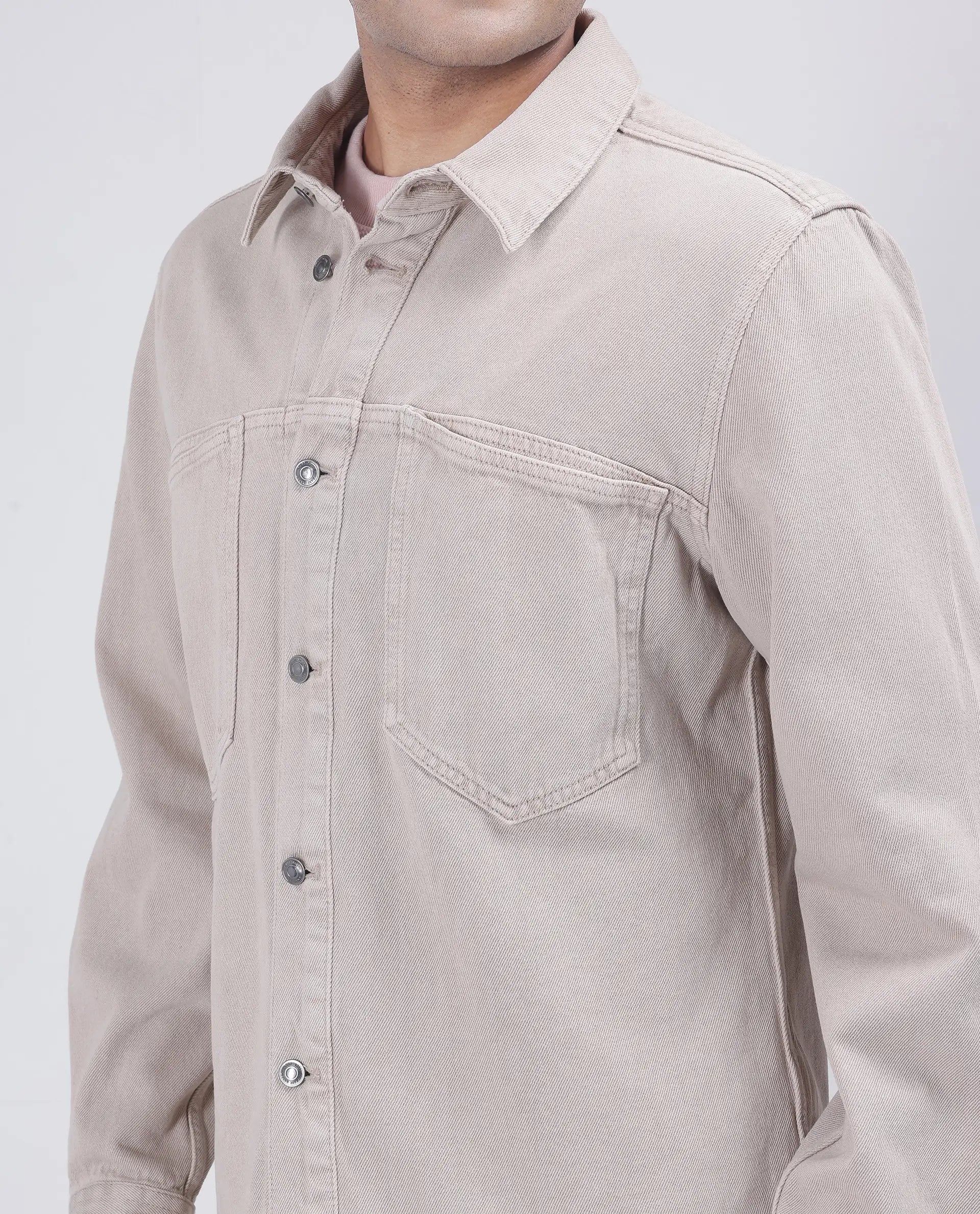 Rare Rabbit Men Tycho Beige Cotton Fabric Collared Neck Oversized Denim Jacket