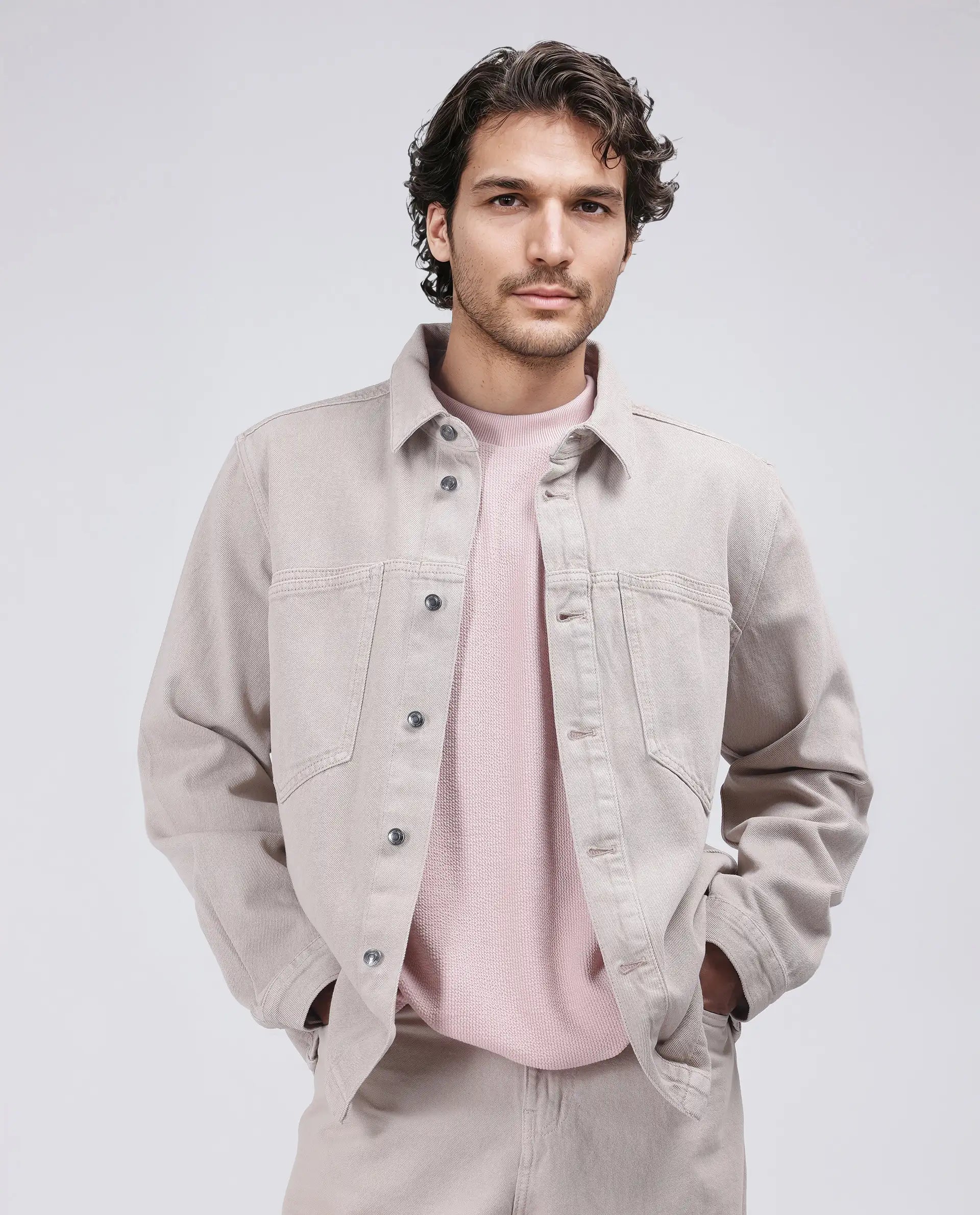 Rare Rabbit Men Tycho Beige Cotton Fabric Collared Neck Oversized Denim Jacket