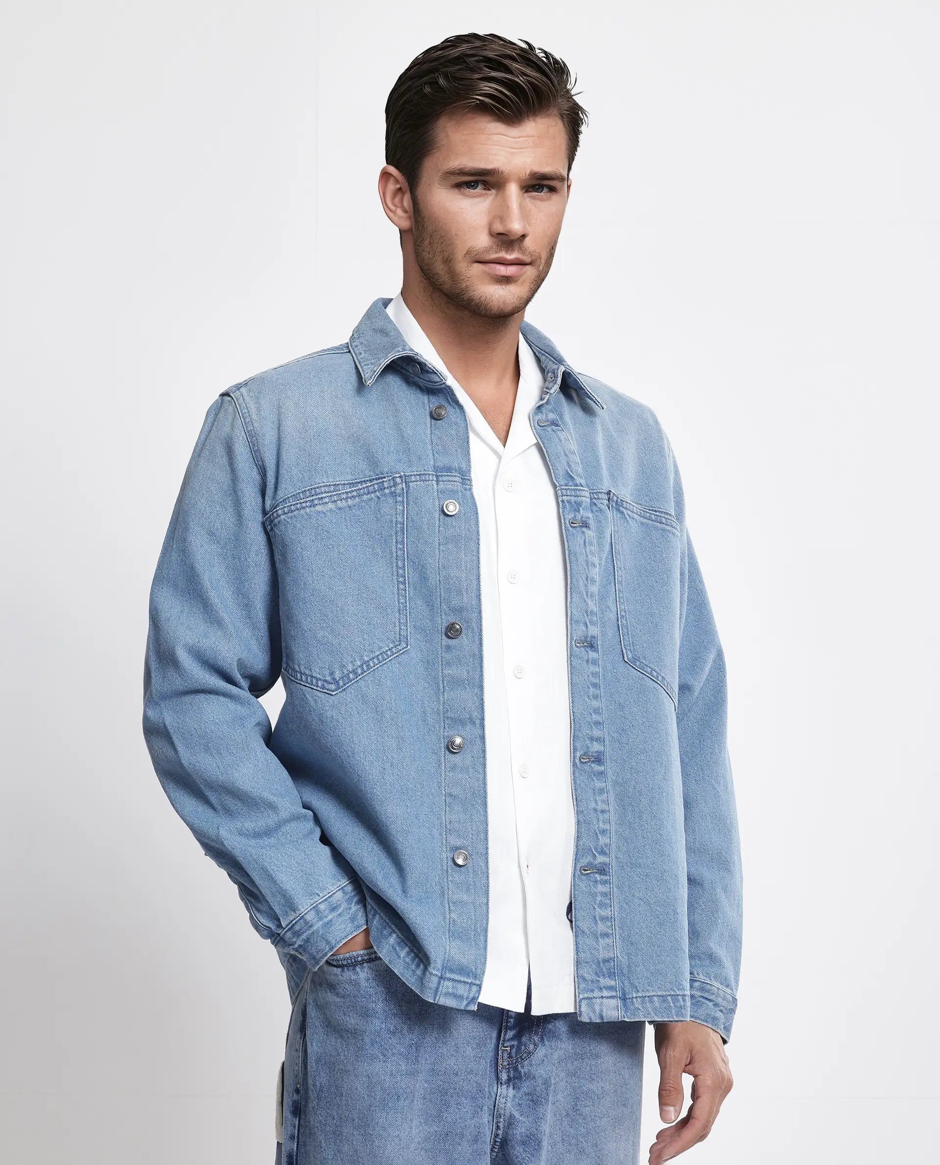 Rare Rabbit Men Tycho Blue Cotton Fabric Collared Neck Oversized Denim Jacket