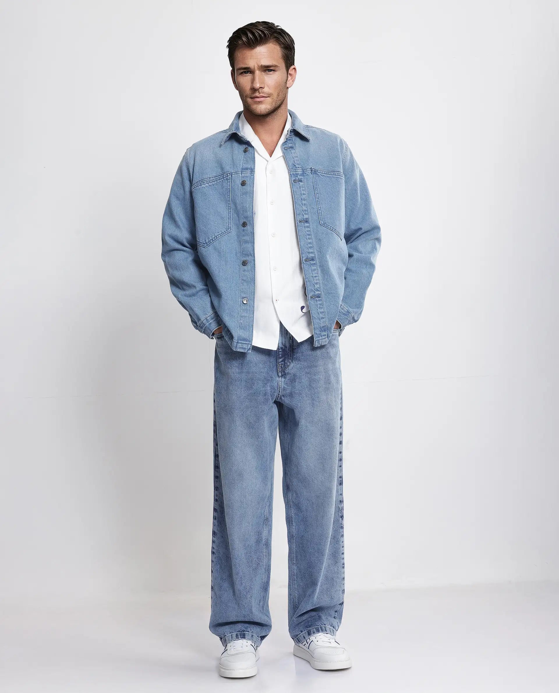 Rare Rabbit Men Tycho Blue Cotton Fabric Collared Neck Oversized Denim Jacket