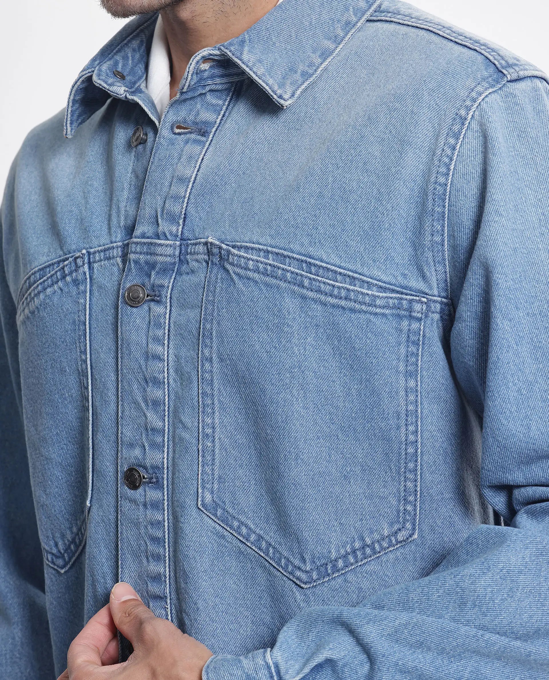 Rare Rabbit Men Tycho Blue Cotton Fabric Collared Neck Oversized Denim Jacket