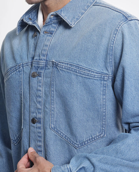 Rare Rabbit Men's Tycho Blue Cotton Plain Oversized Fit Full Sleeve Sp