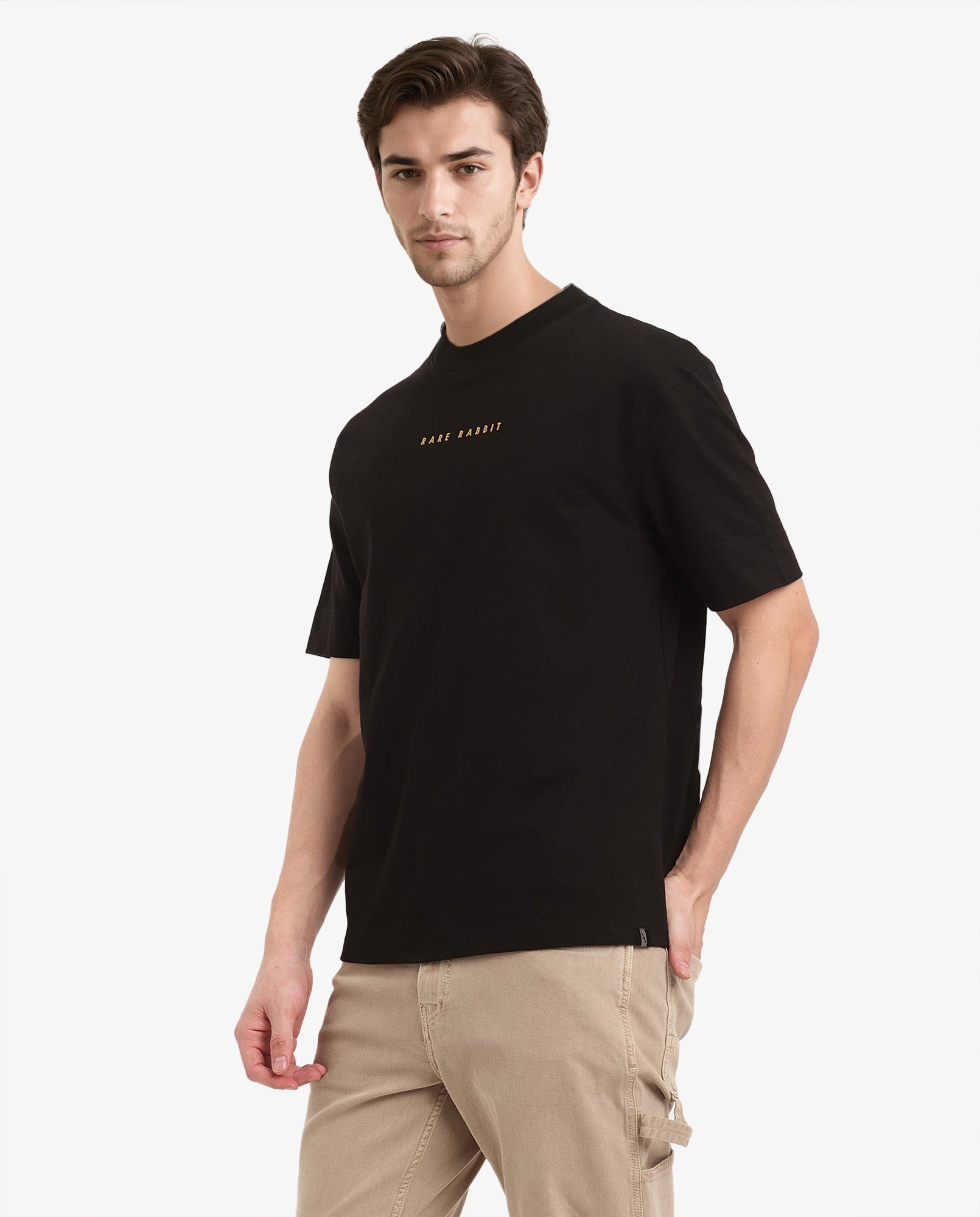 Rare Rabbit Men Tyga Black Cotton Fabric Short Sleeve Crew Neck Oversized Fit Graphic Back Print T-Shirt