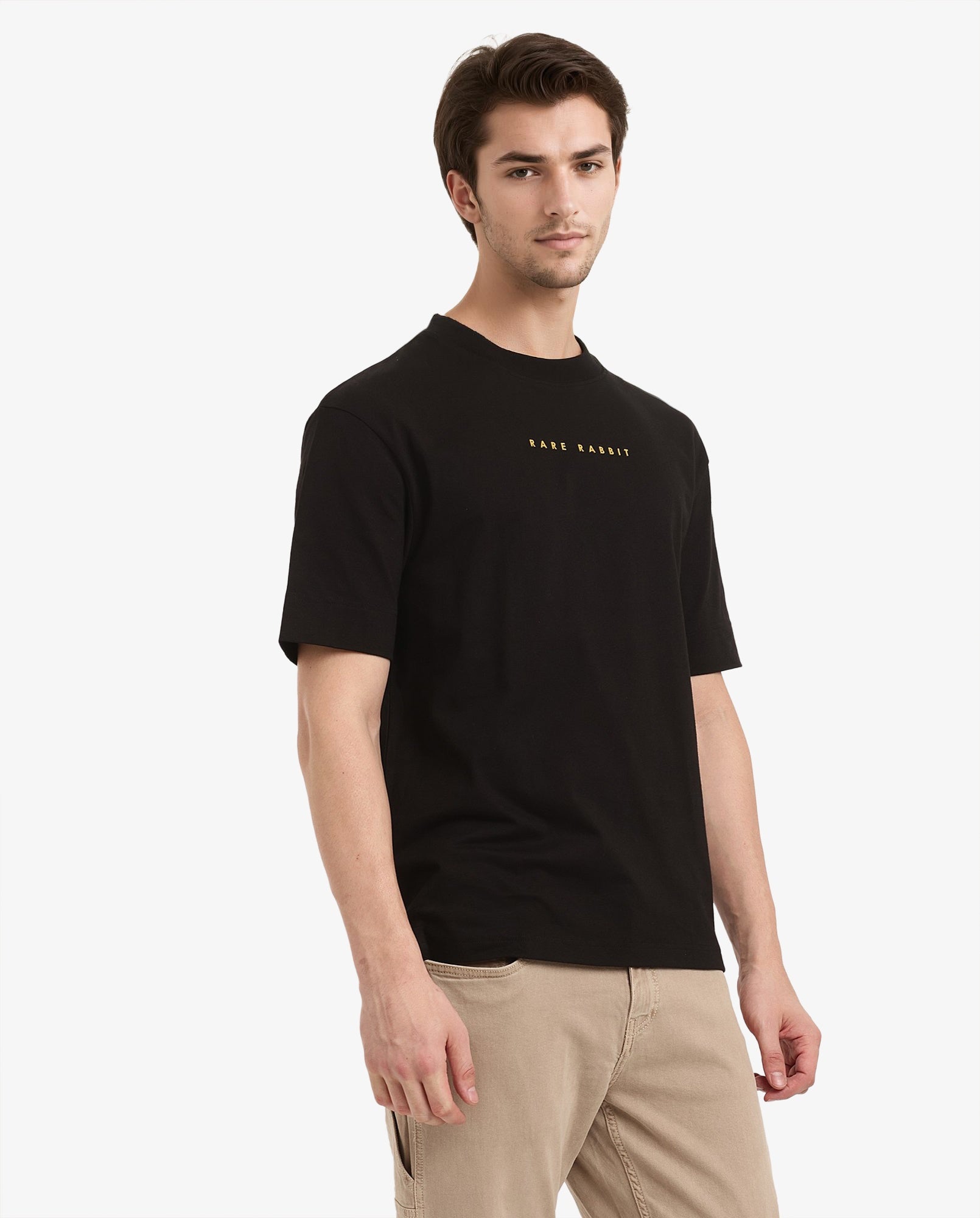 Rare Rabbit Men Tyga Black Cotton Fabric Short Sleeve Crew Neck Oversized Fit Graphic Back Print T-Shirt