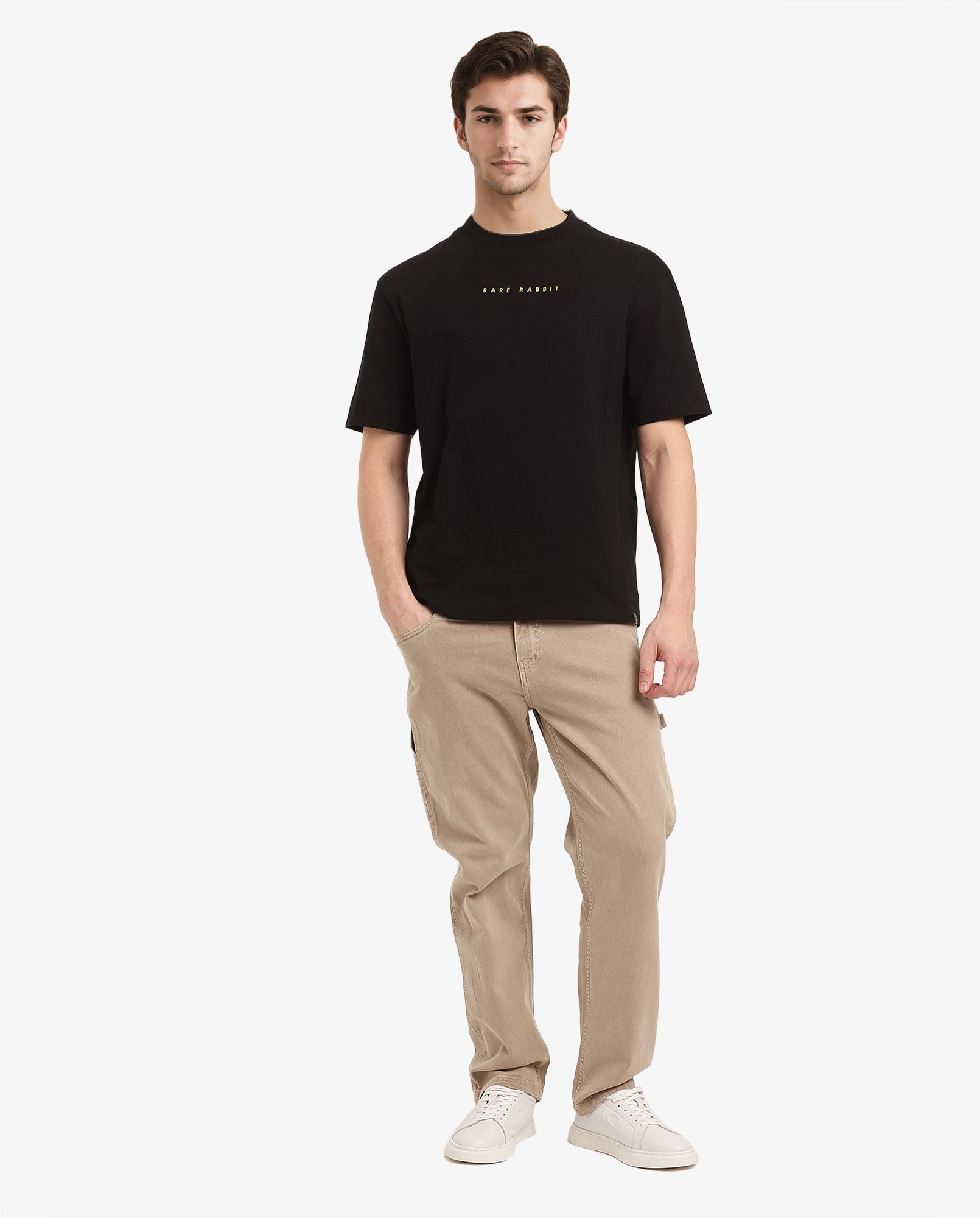 Rare Rabbit Men Tyga Black Cotton Fabric Short Sleeve Crew Neck Oversized Fit Graphic Back Print T-Shirt