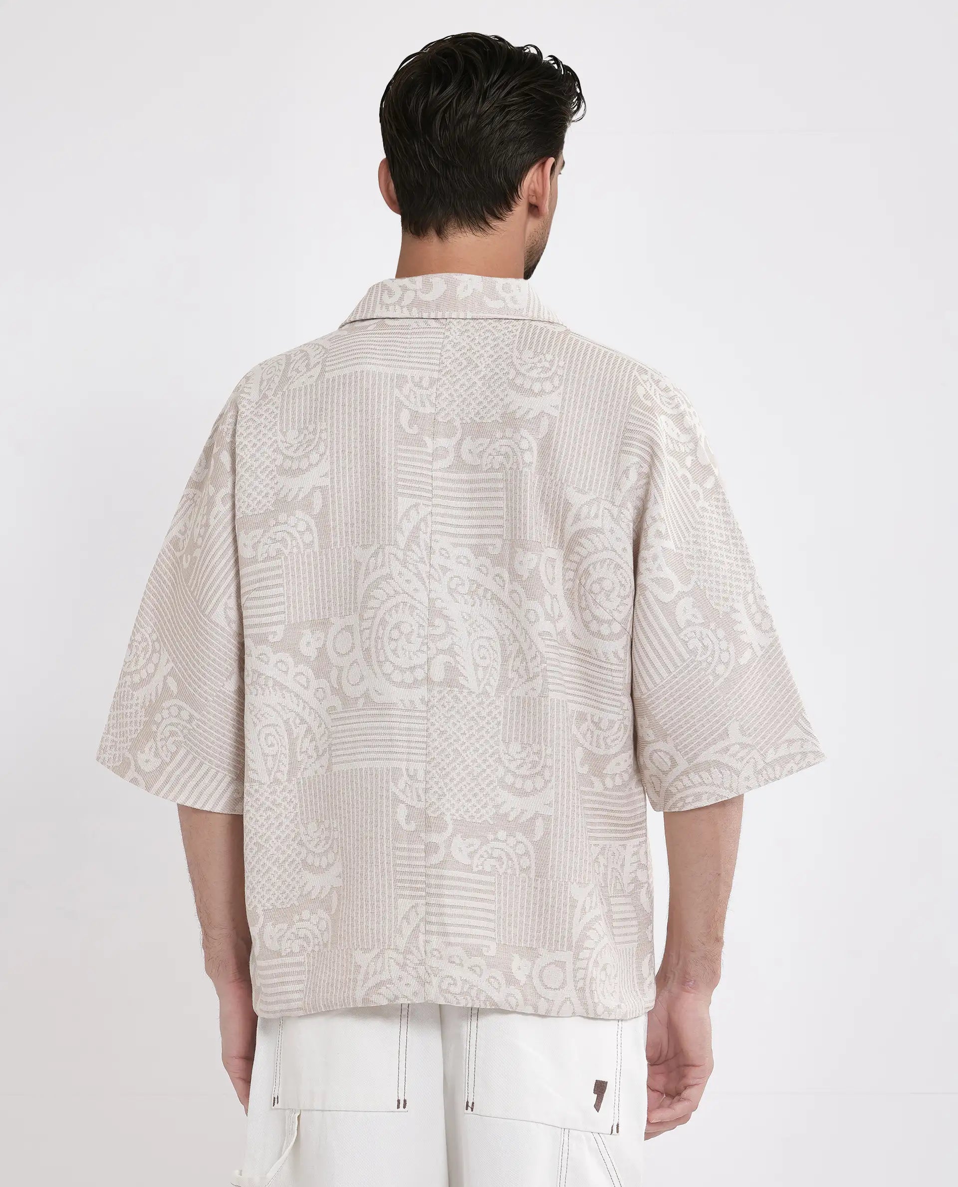 Rare Rabbit Men Tyra Beige Cotton Poly Fabric Half Sleeve Collared Neck Button Closure Jacquard Shacket