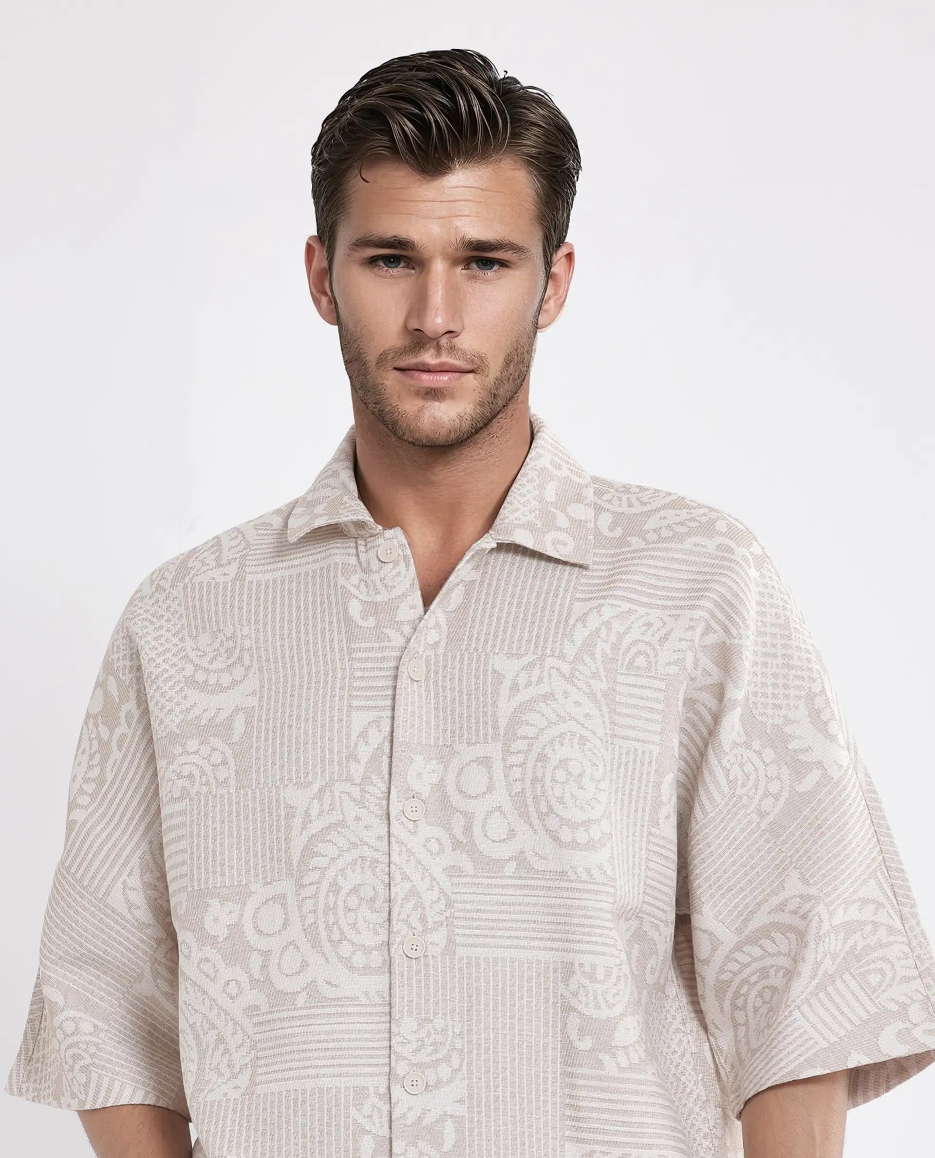 Rare Rabbit Men Tyra Beige Cotton Poly Fabric Half Sleeve Collared Neck Button Closure Jacquard Shacket