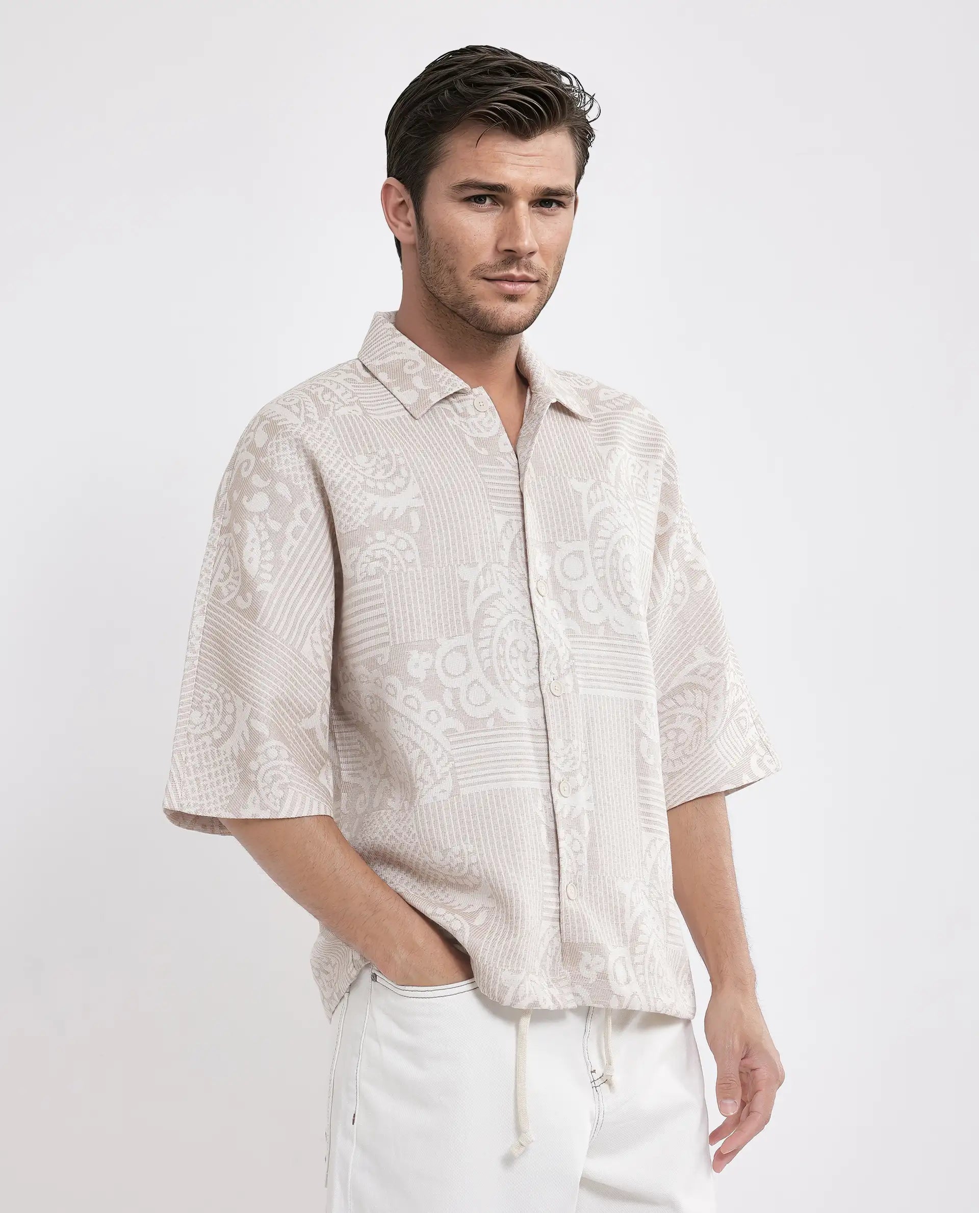 Rare Rabbit Men Tyra Beige Cotton Poly Fabric Half Sleeve Collared Neck Button Closure Jacquard Shacket