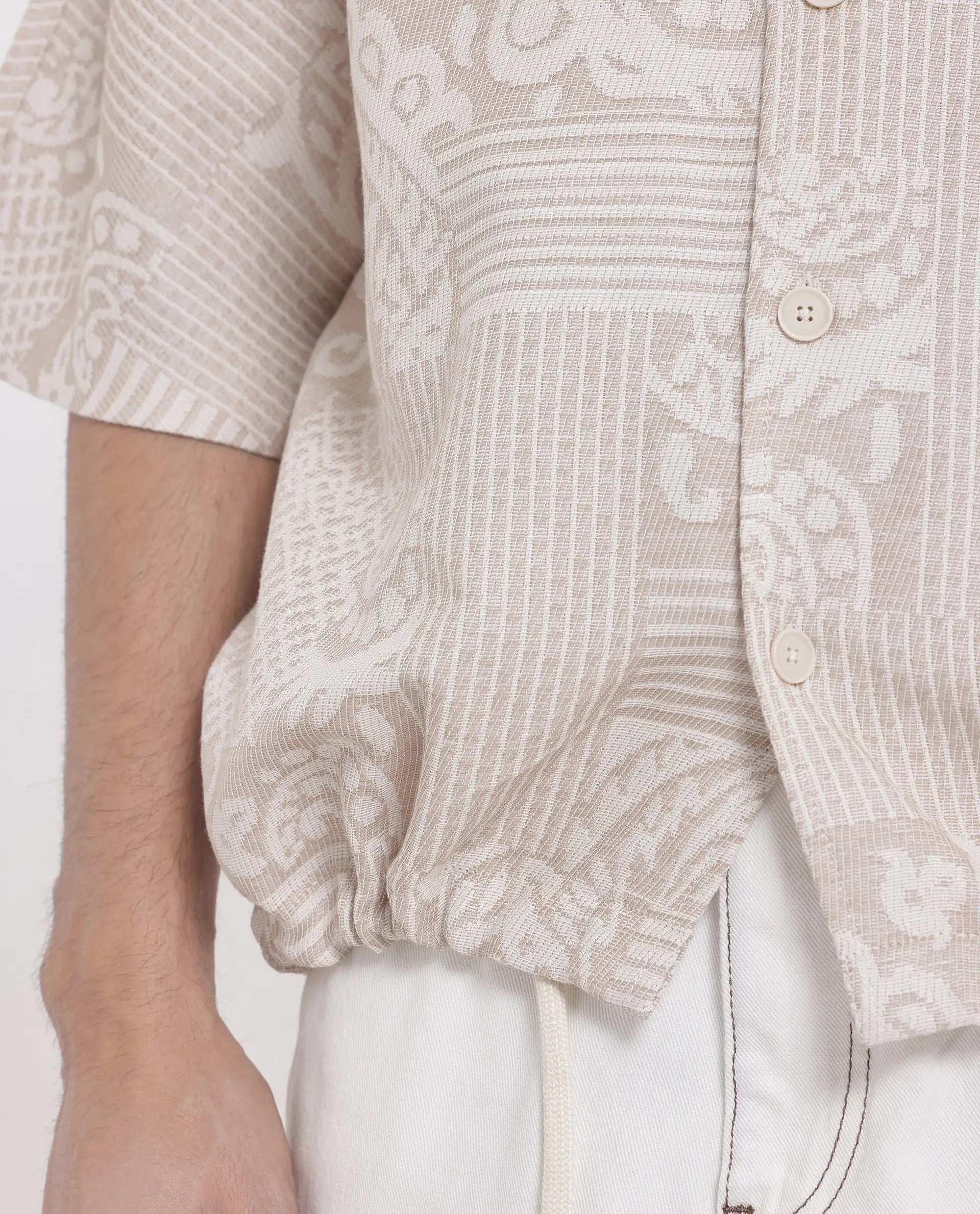 Rare Rabbit Men Tyra Beige Cotton Poly Fabric Half Sleeve Collared Neck Button Closure Jacquard Shacket