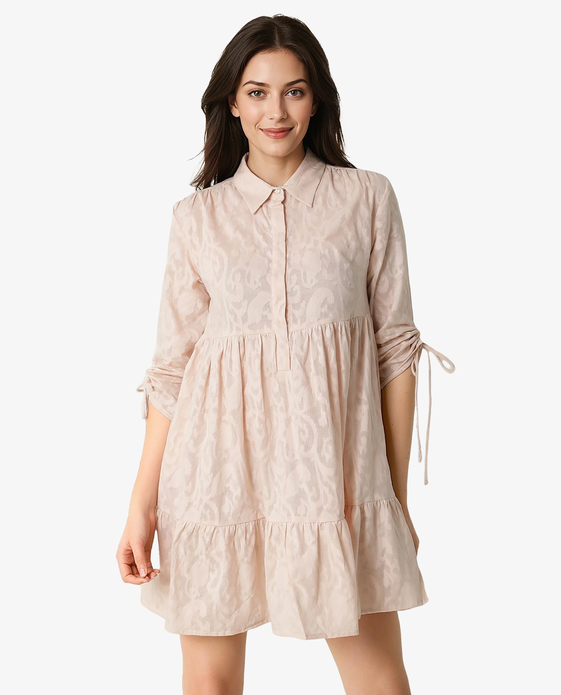 Rareism Women Tyra Beige Paisley Print Shirt Collar Front Button Closure Placket 3/4 Sleeve With Tie Up Pocket Mini Dress