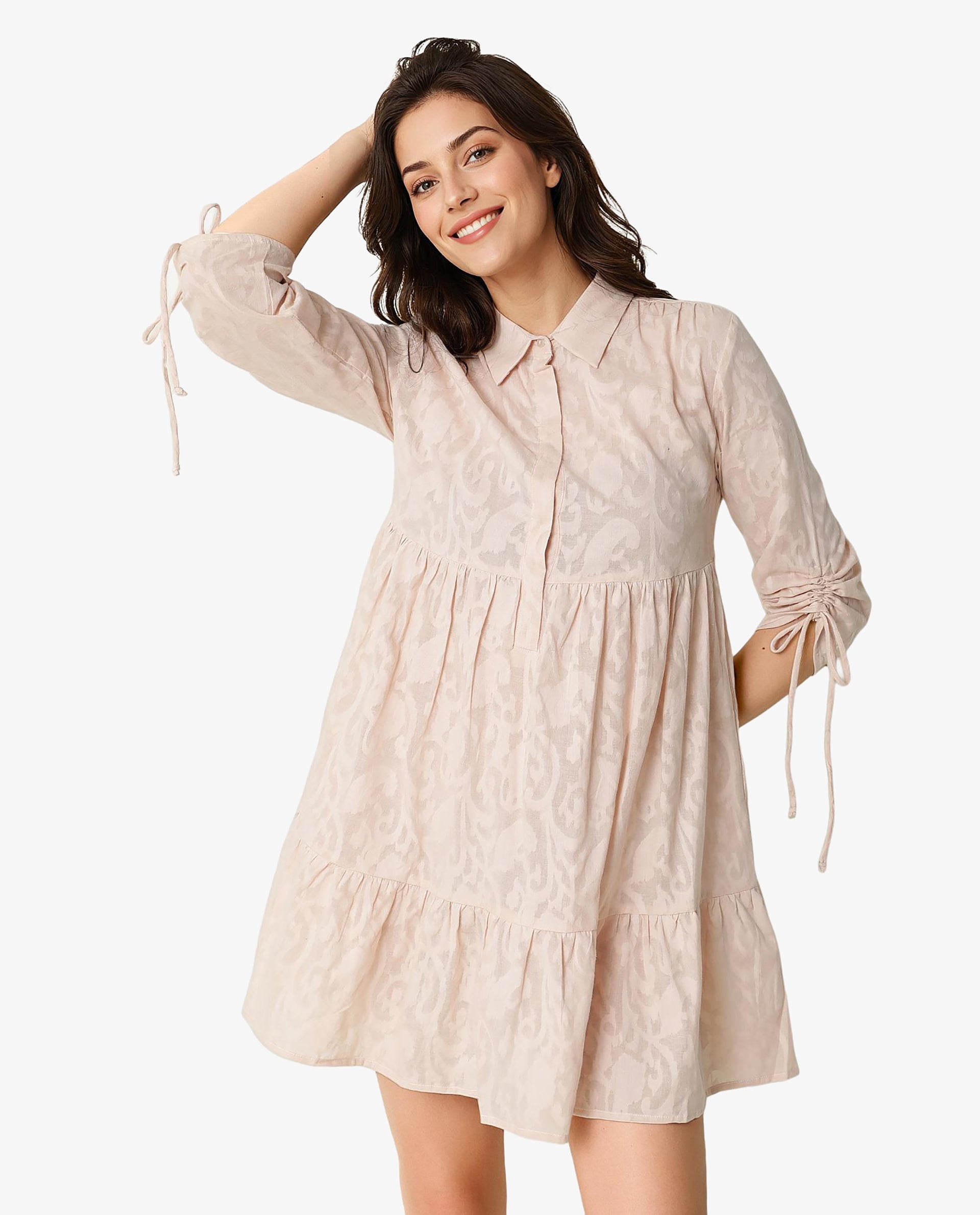 Rareism Women Tyra Beige Paisley Print Shirt Collar Front Button Closure Placket 3/4 Sleeve With Tie Up Pocket Mini Dress