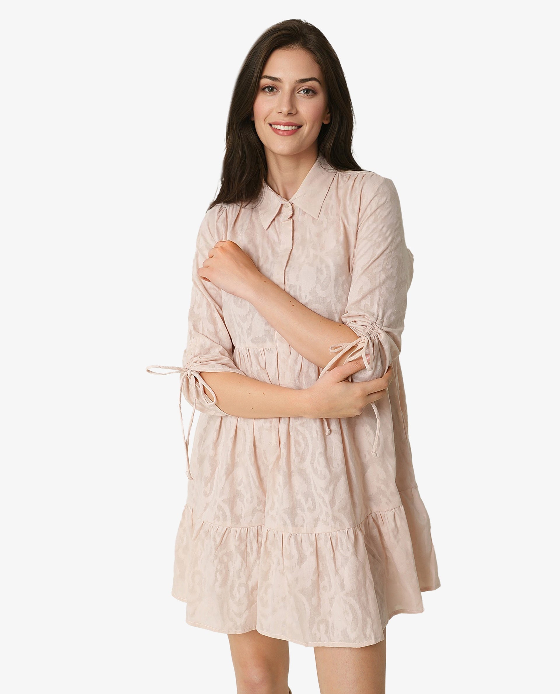 Rareism Women Tyra Beige Paisley Print Shirt Collar Front Button Closure Placket 3/4 Sleeve With Tie Up Pocket Mini Dress