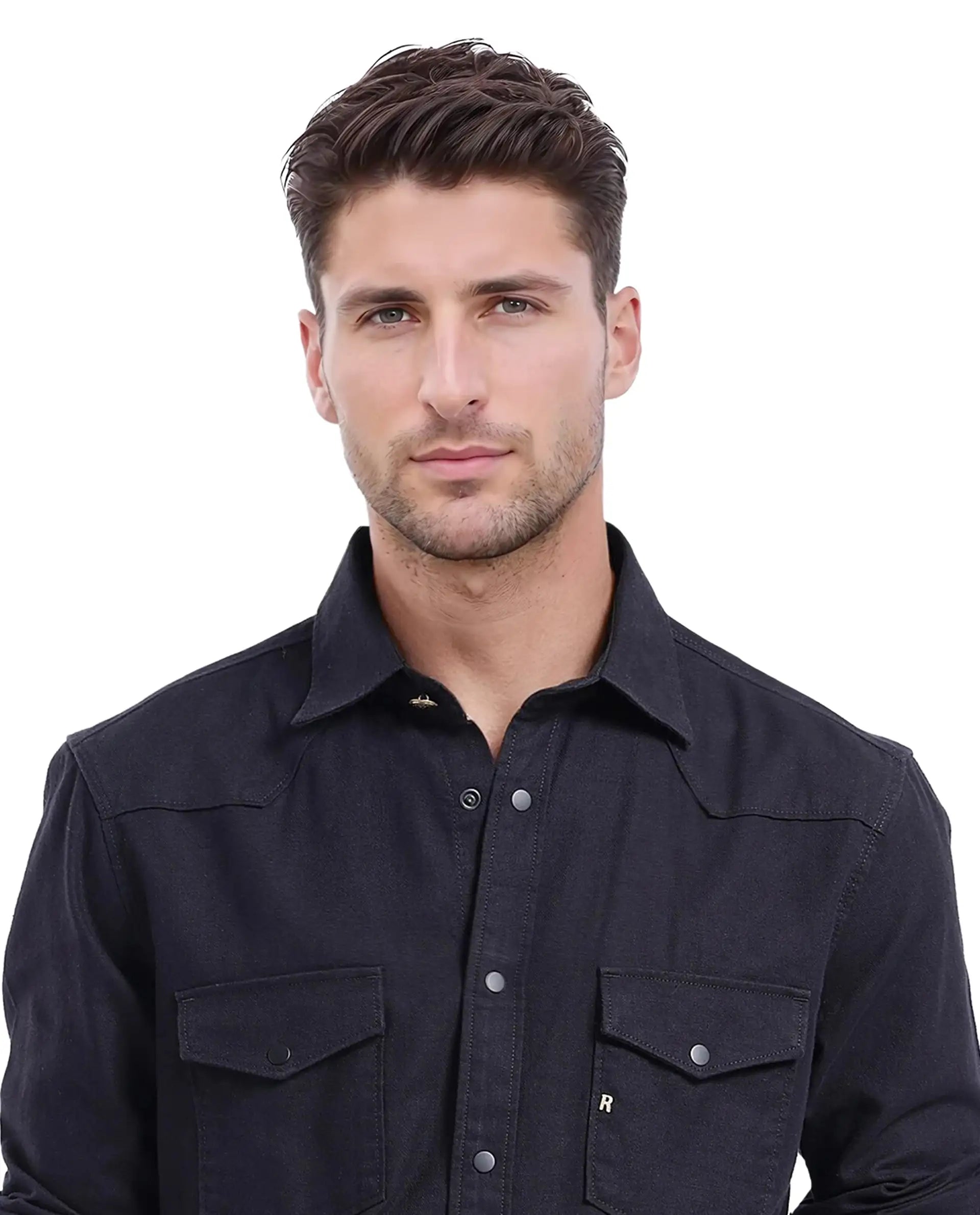 Rare Rabbit Men Tyson-1 Black Cotton Fabric Full Sleeve Snap Button Closure with Two Front Flap Pockets Plain Shirt