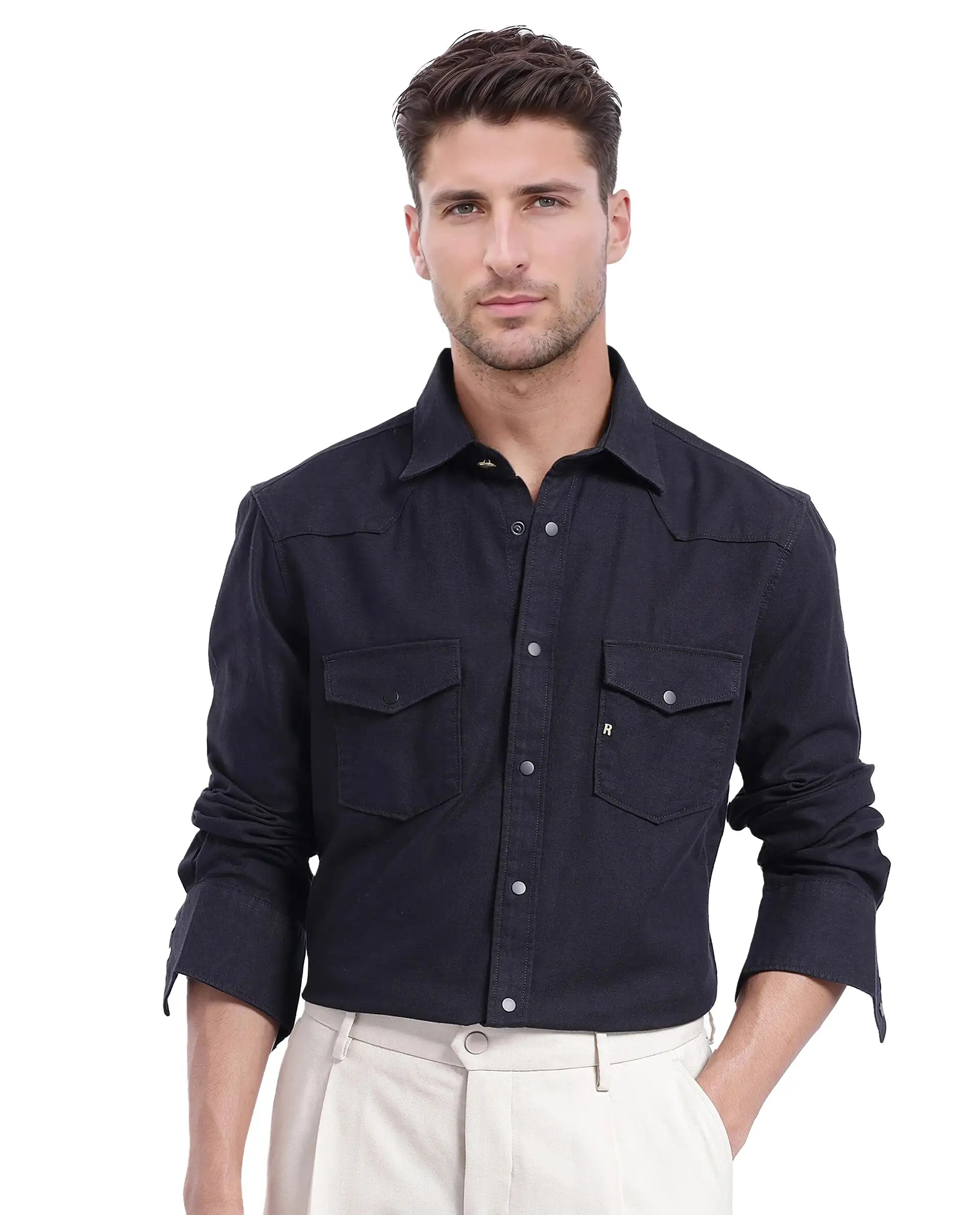 Rare Rabbit Men Tyson-1 Black Cotton Fabric Full Sleeve Snap Button Closure with Two Front Flap Pockets Plain Shirt