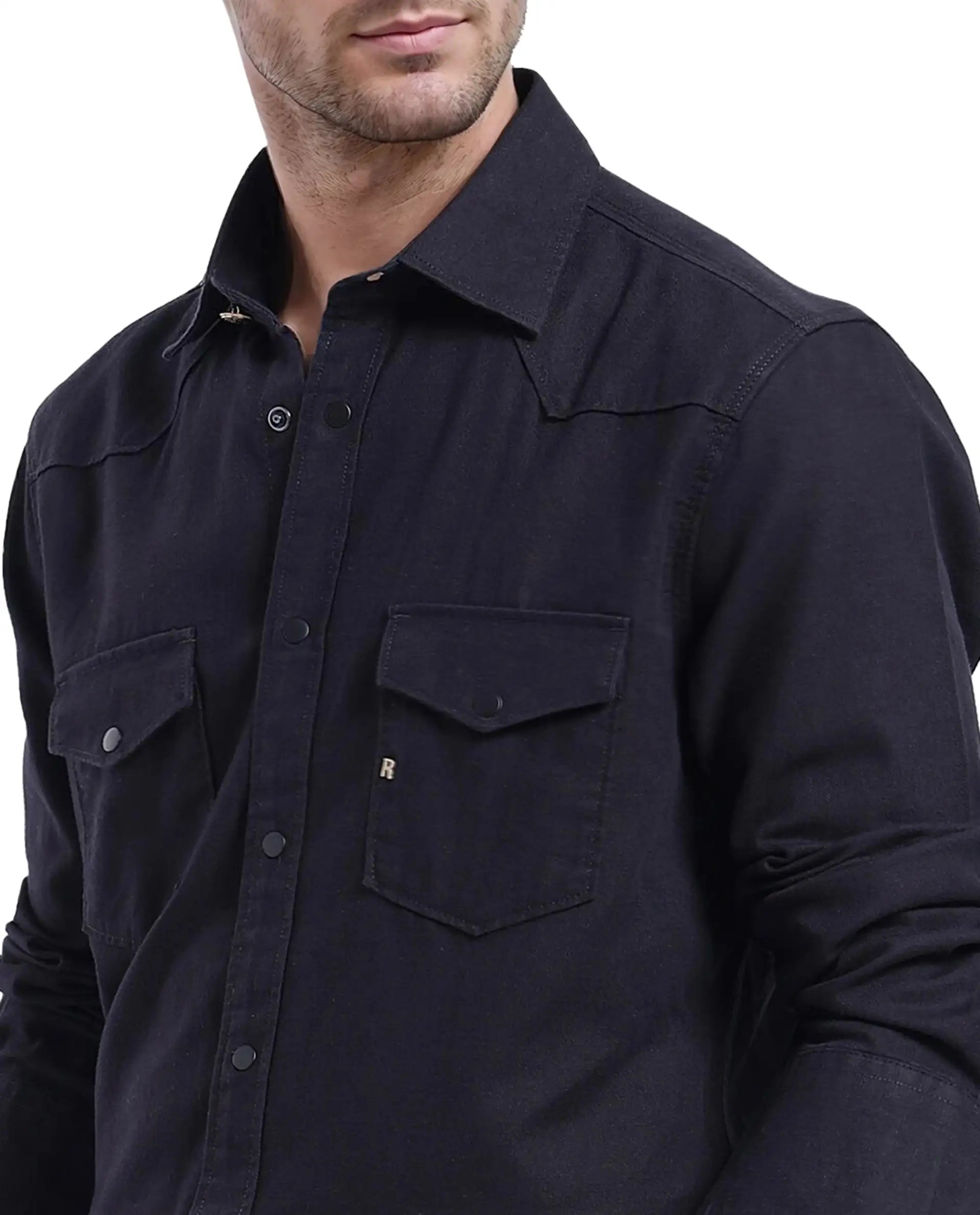 Rare Rabbit Men Tyson-1 Black Cotton Fabric Full Sleeve Snap Button Closure with Two Front Flap Pockets Plain Shirt