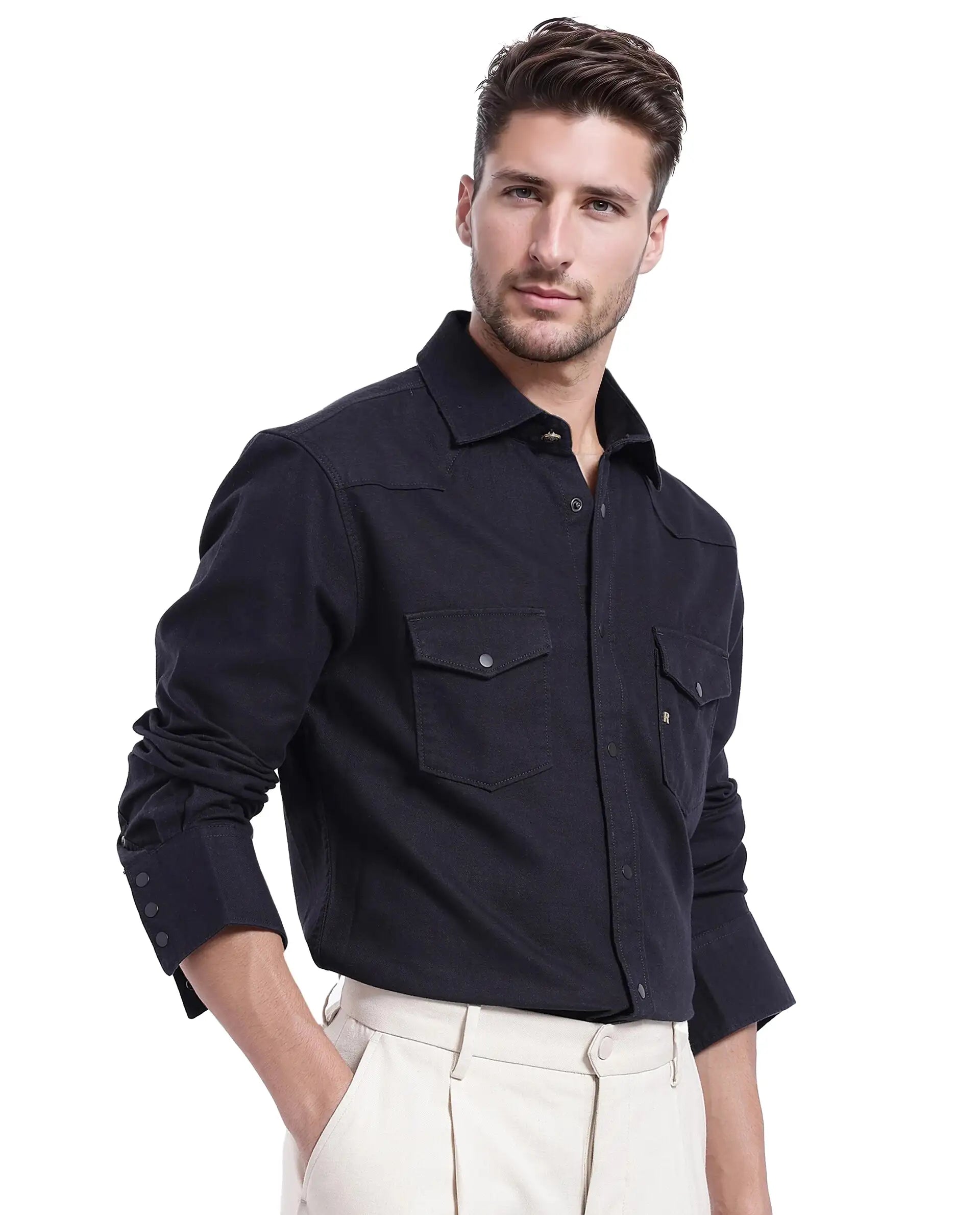 Rare Rabbit Men Tyson-1 Black Cotton Fabric Full Sleeve Snap Button Closure with Two Front Flap Pockets Plain Shirt