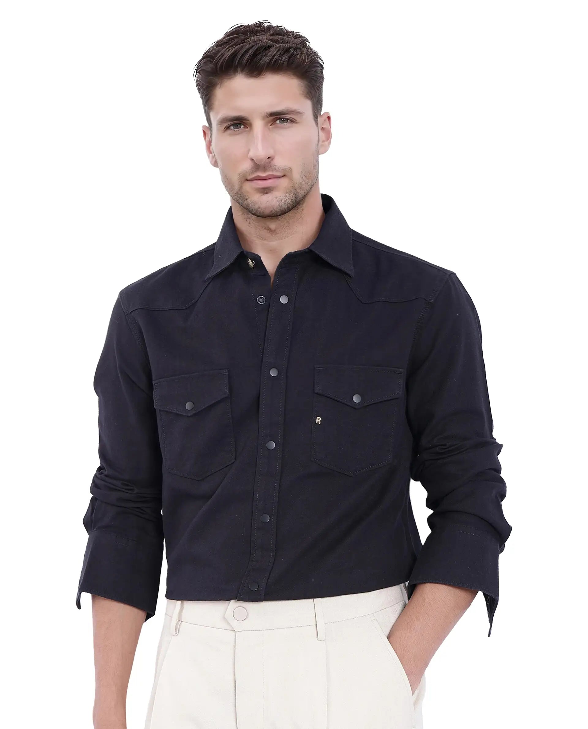 Rare Rabbit Men Tyson-1 Black Cotton Fabric Full Sleeve Snap Button Closure with Two Front Flap Pockets Plain Shirt