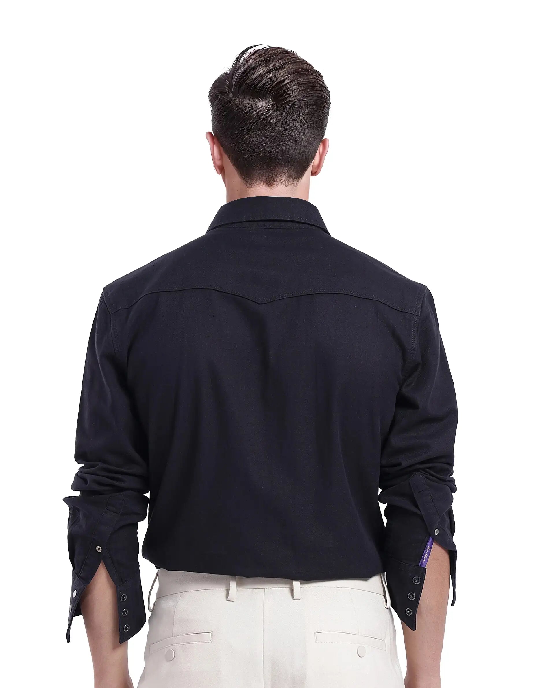 Rare Rabbit Men Tyson-1 Black Cotton Fabric Full Sleeve Snap Button Closure with Two Front Flap Pockets Plain Shirt