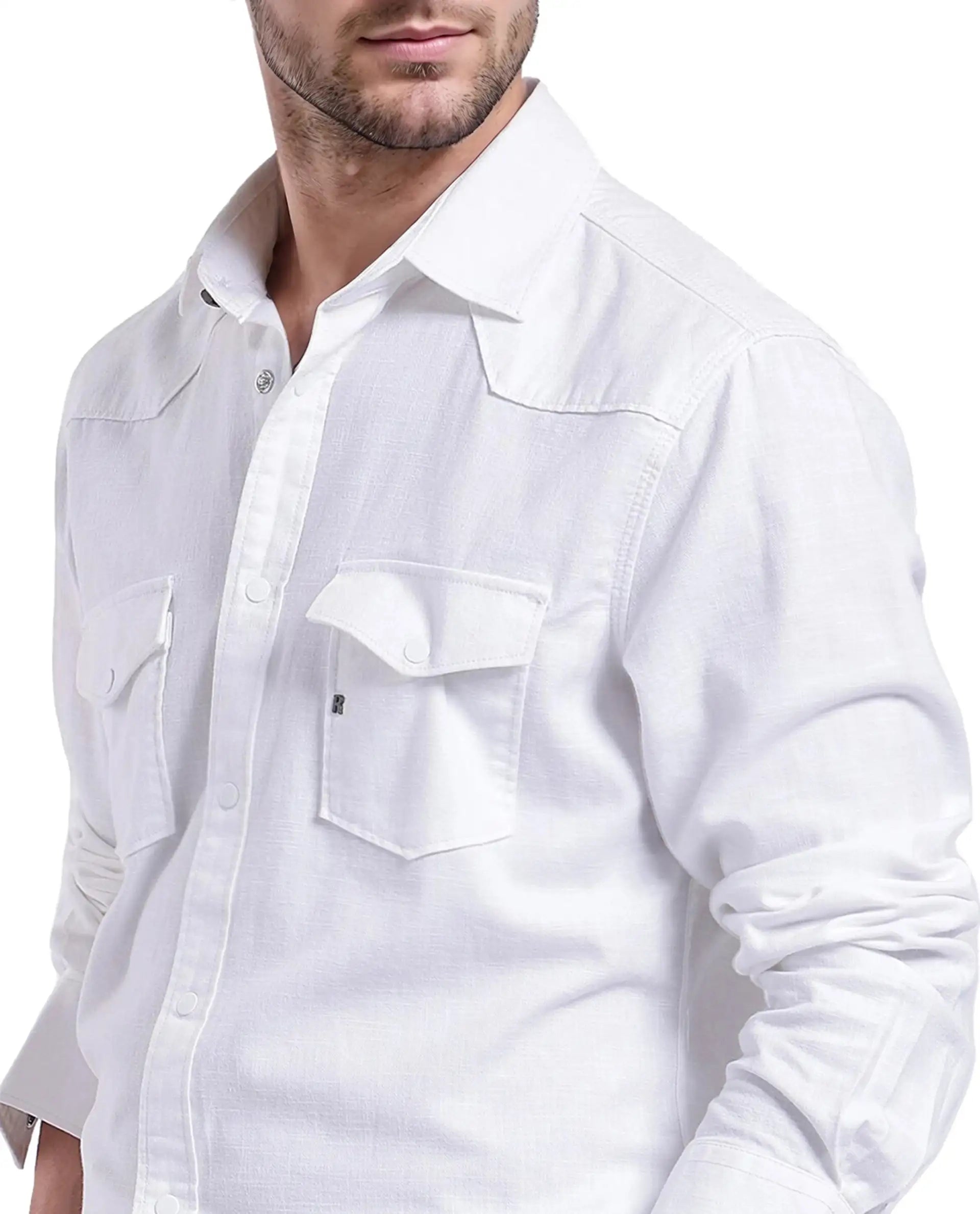 Rare Rabbit Men Tyson-1 White Cotton Fabric Full Sleeve Snap Button Closure with Two Front Flap Pockets Plain Shirt