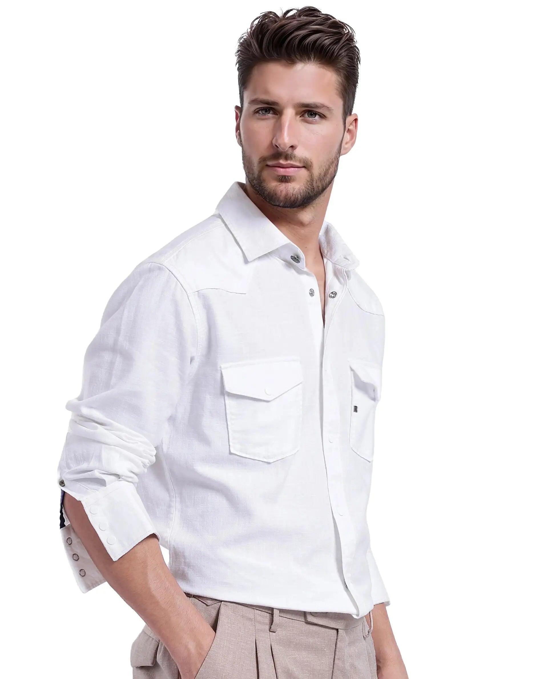 Rare Rabbit Men Tyson-1 White Cotton Fabric Full Sleeve Snap Button Closure with Two Front Flap Pockets Plain Shirt